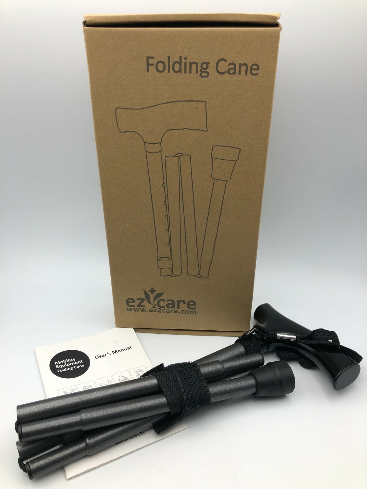 EZ2CARE Folding Cane Metallic Black Pouch Original Box Owners Manual