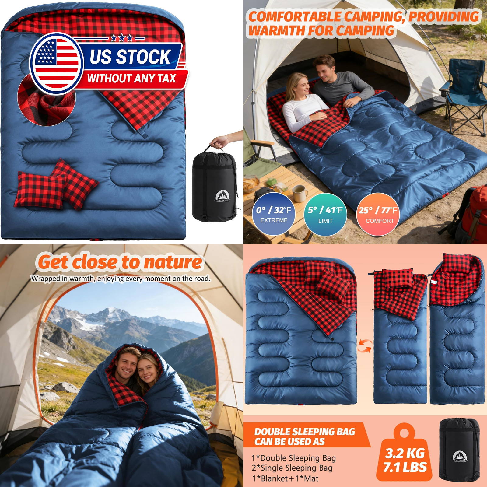 Double Sleeping Bag for Adults with 2 Pillows, Big&Tall XL Queen Size Sleeping