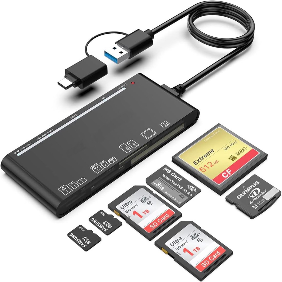 7-in-1 USB C Card Reader with USB 3.0 Adapter or SD/Micro SD/CF for MacBook, PC