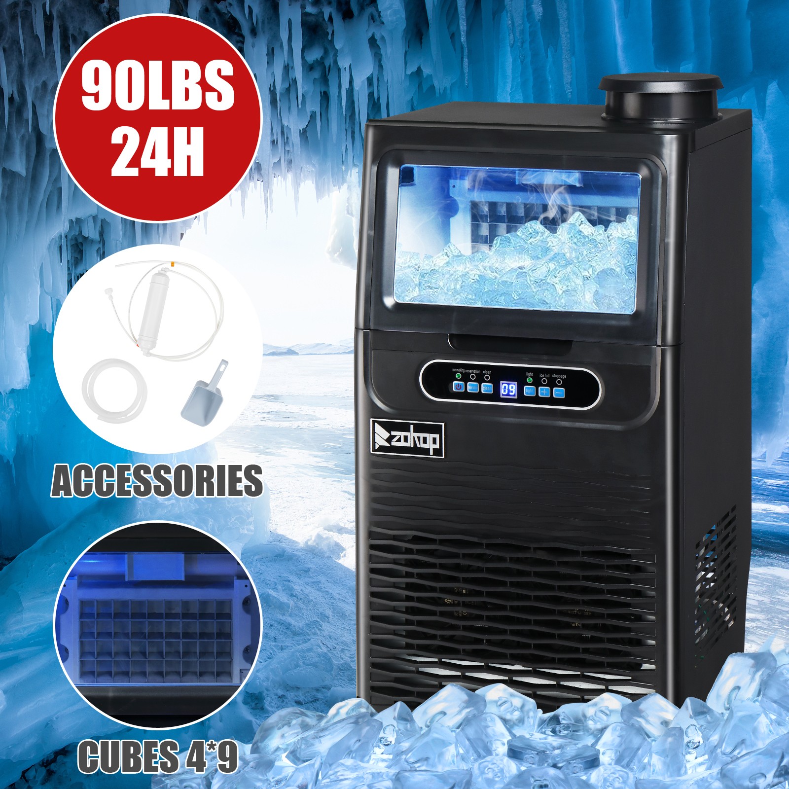 Home Commercial 90lbs /24H Ice Make Machine Cube 11Lbs Bin Ice Storage Capacity