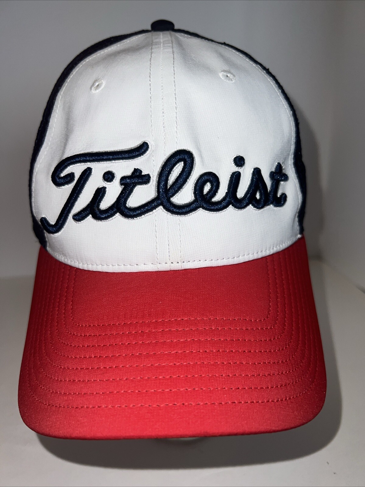 Titleist Script Pristine Red White Blue Hat Cap Hook Loop American Flag EUC