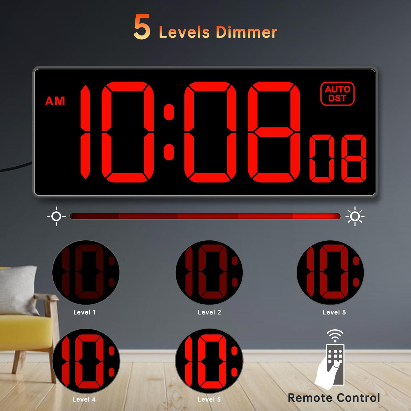 Soobest Digital Wall Clock with Seconds for Gym, Remote Large, 10.2“ Red