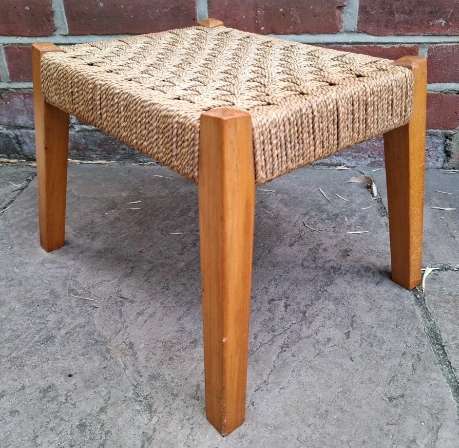 Vintage Danish Scandinavian 60s Woven Cord Seagrass Footstool Stool Wooden Legs