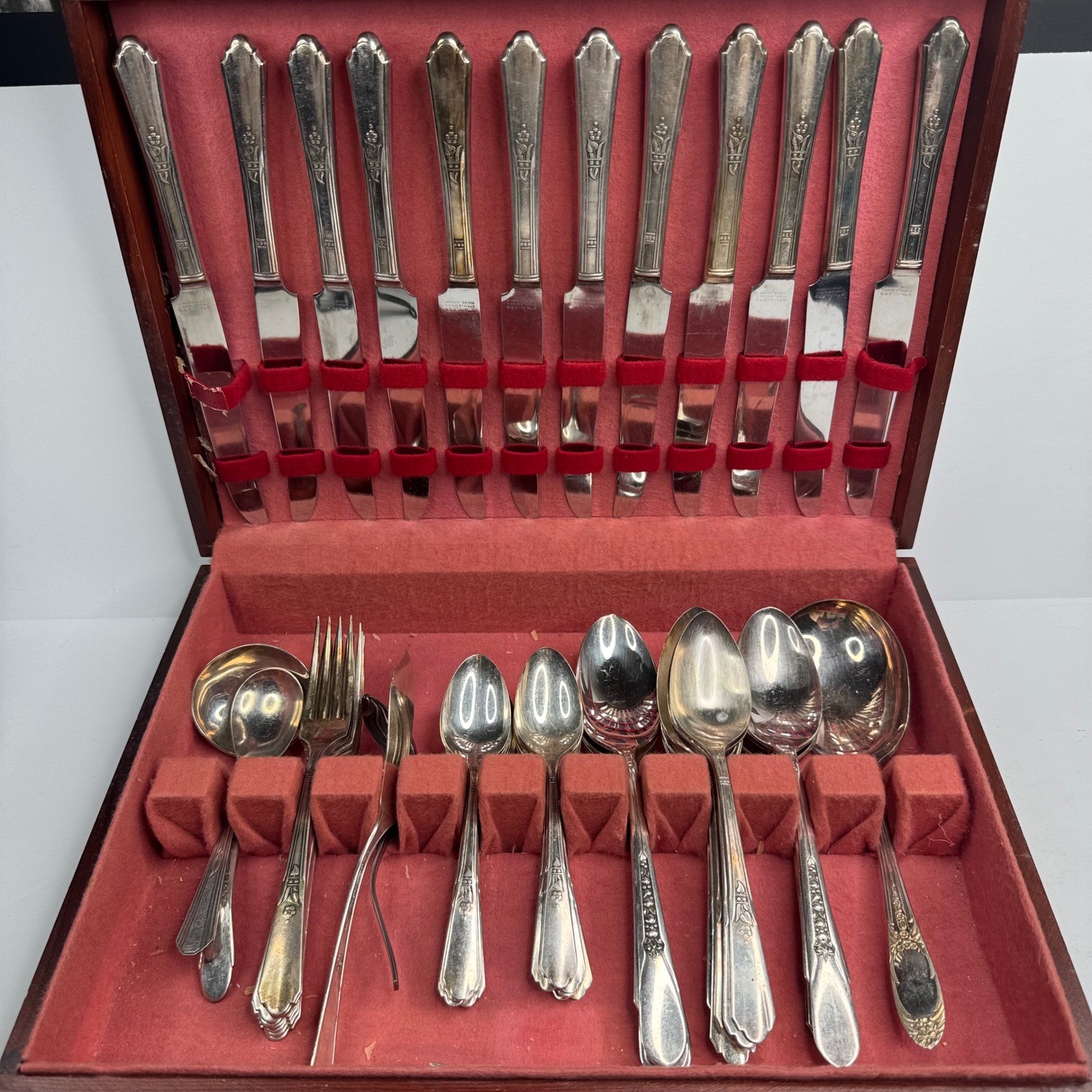 Vintage Silver Plated Flatware Set Floral Pattern with Wood Storage Chest 50+ Pc