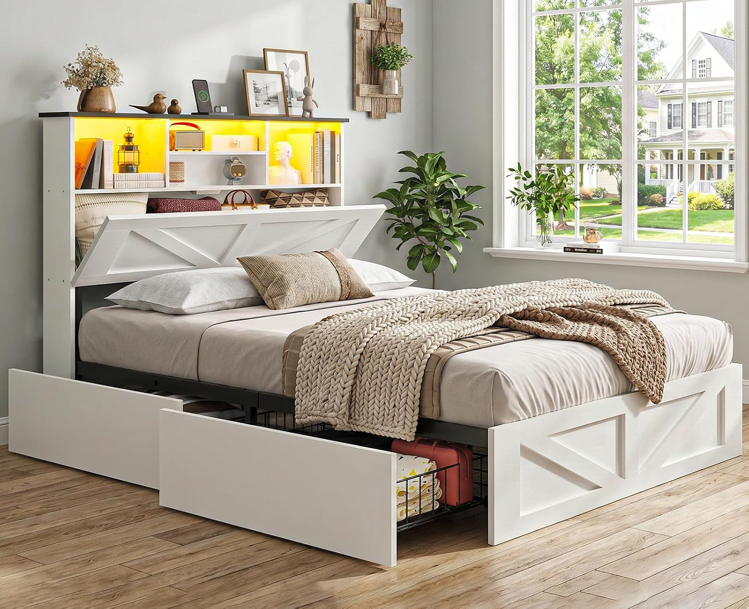 Twin Bed with Storage Bookcase Headboard and 4 Drawers,Wooden Farmhouse Twin Bed