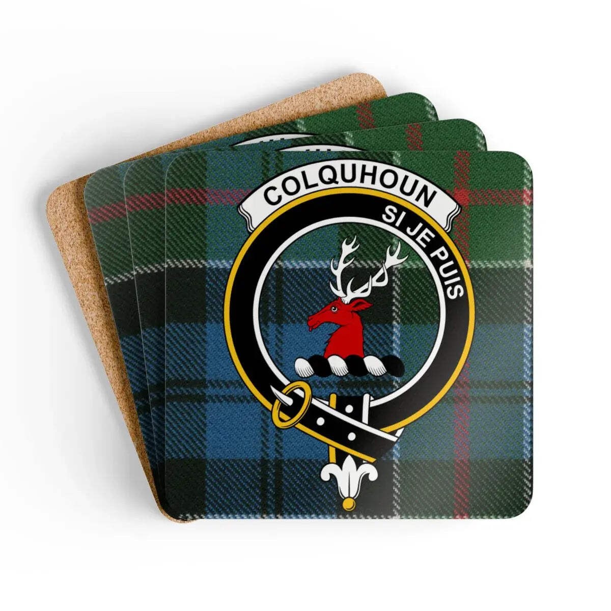 Colquhoun Clan Crest Tartan Coaster Set – Set of 4 Natural Cork