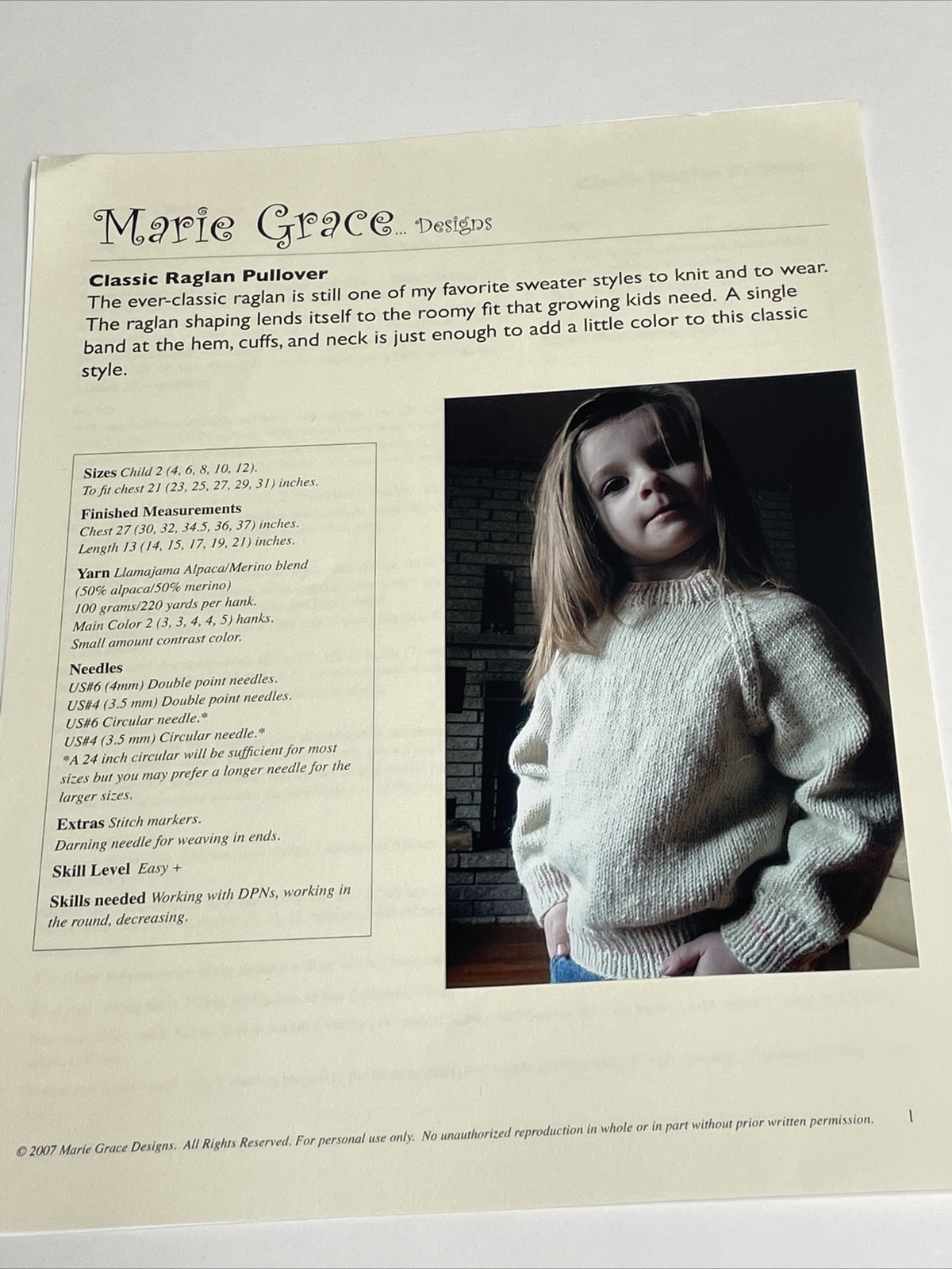Marie Grace Designs Classic Raglan Pullover Sweater Size 2 - 12 Knitting Pattern