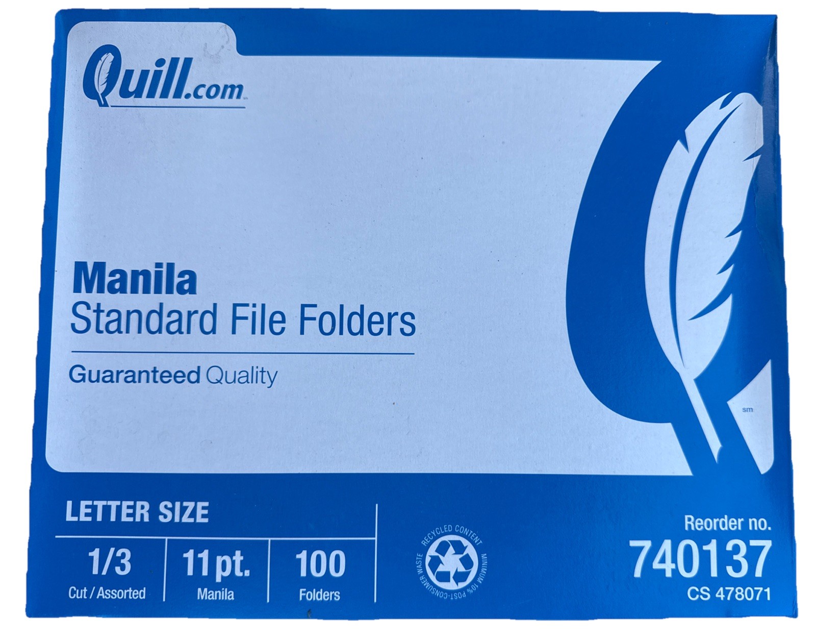 NEW - (100) Quill 1/3 Cut Letter Size, File Folders 11pt
