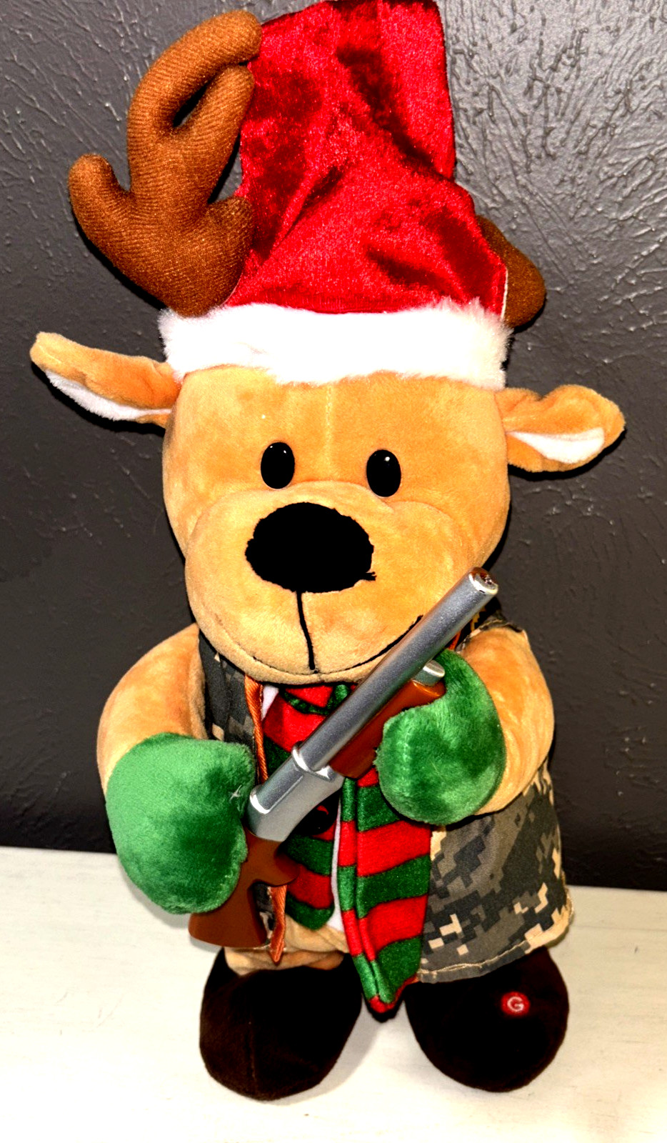 Gemmy 16" Singing Christmas Deer w/Shotgun - "Hit Me With Your Best Shot"