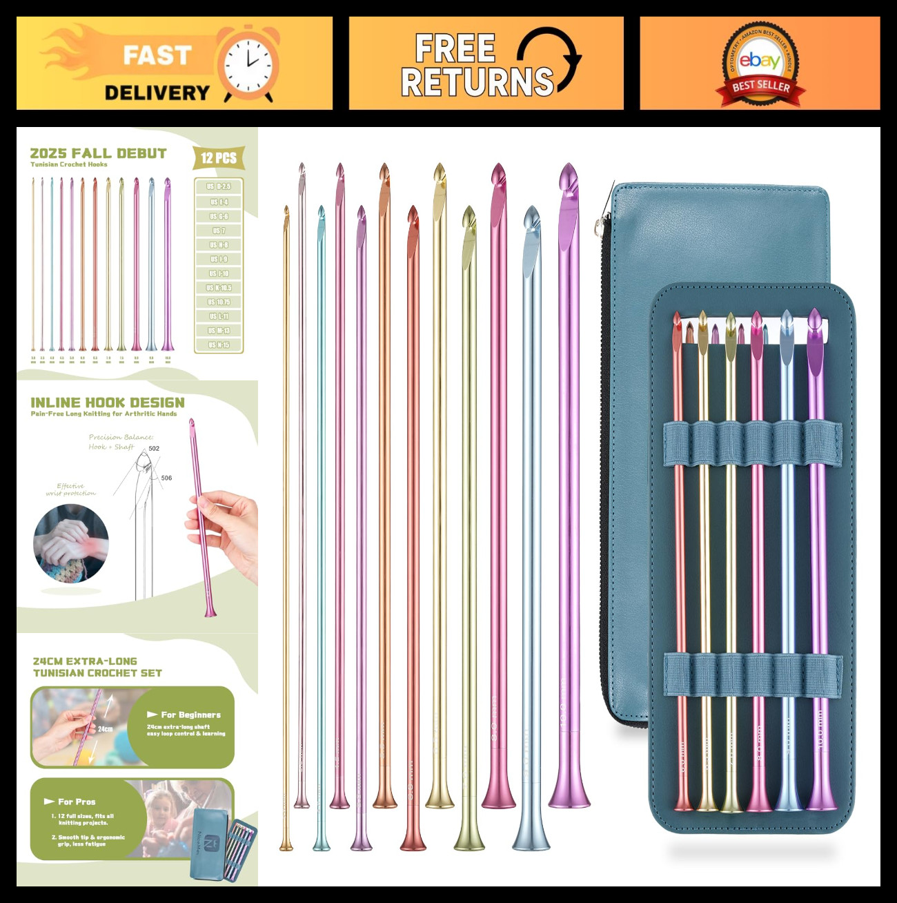 12-Piece Extra Long Crochet Hook Set, Ergonomic 9.5-Inch, Sizes 2.5-15mm, Leathe