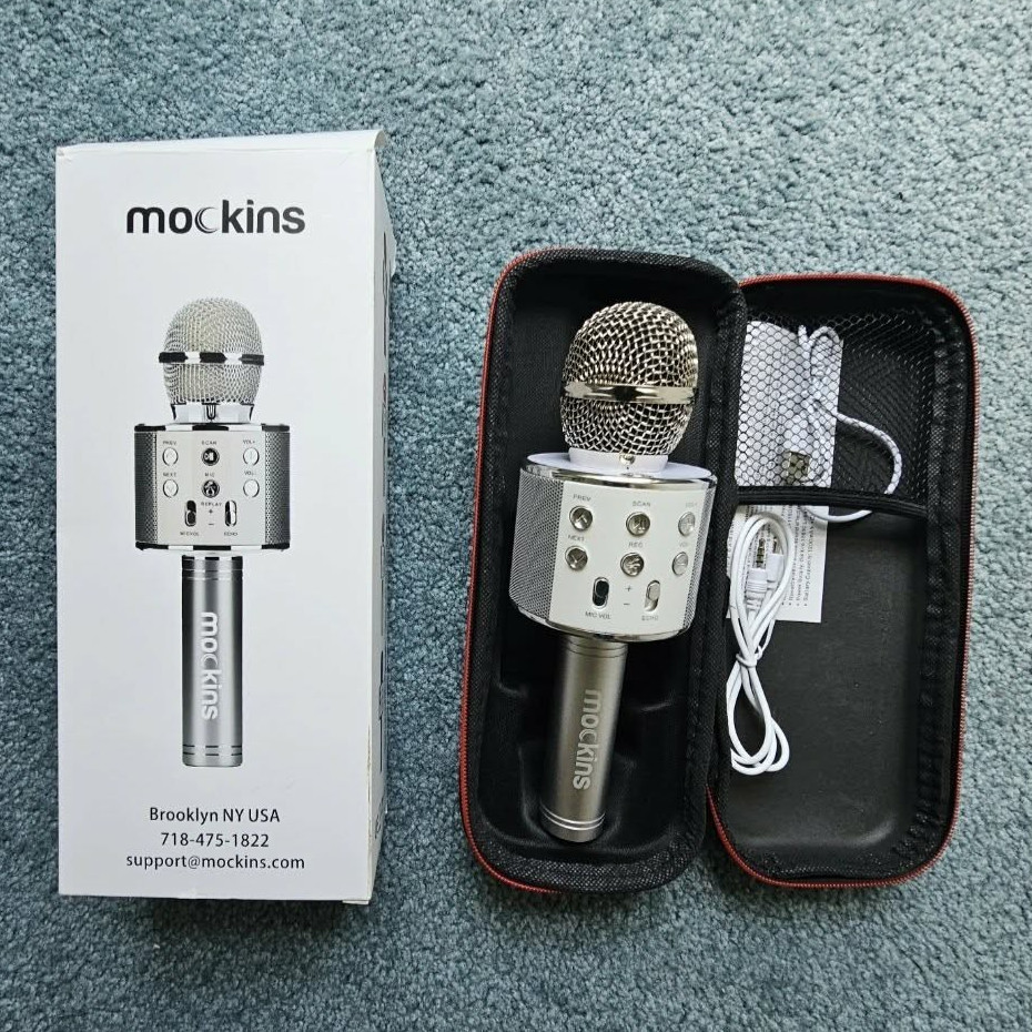 Mockins Wireless Handheld Karaoke Microphone Silver/Black w/ Case & USB Cable