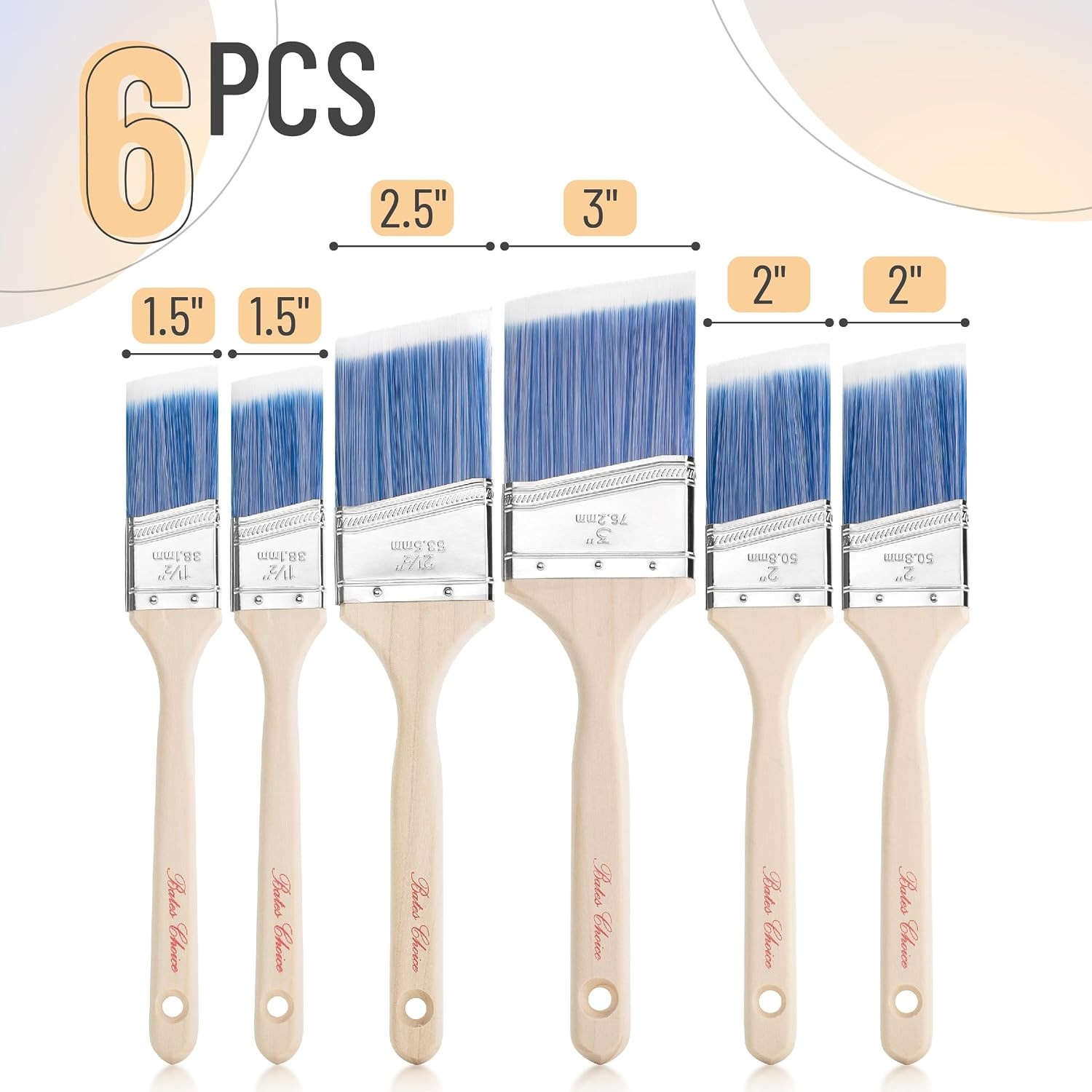 Bates Angle Paint Brushes, 6 Pack - Assorted Sizes, Treated Wood Handle, for Wal