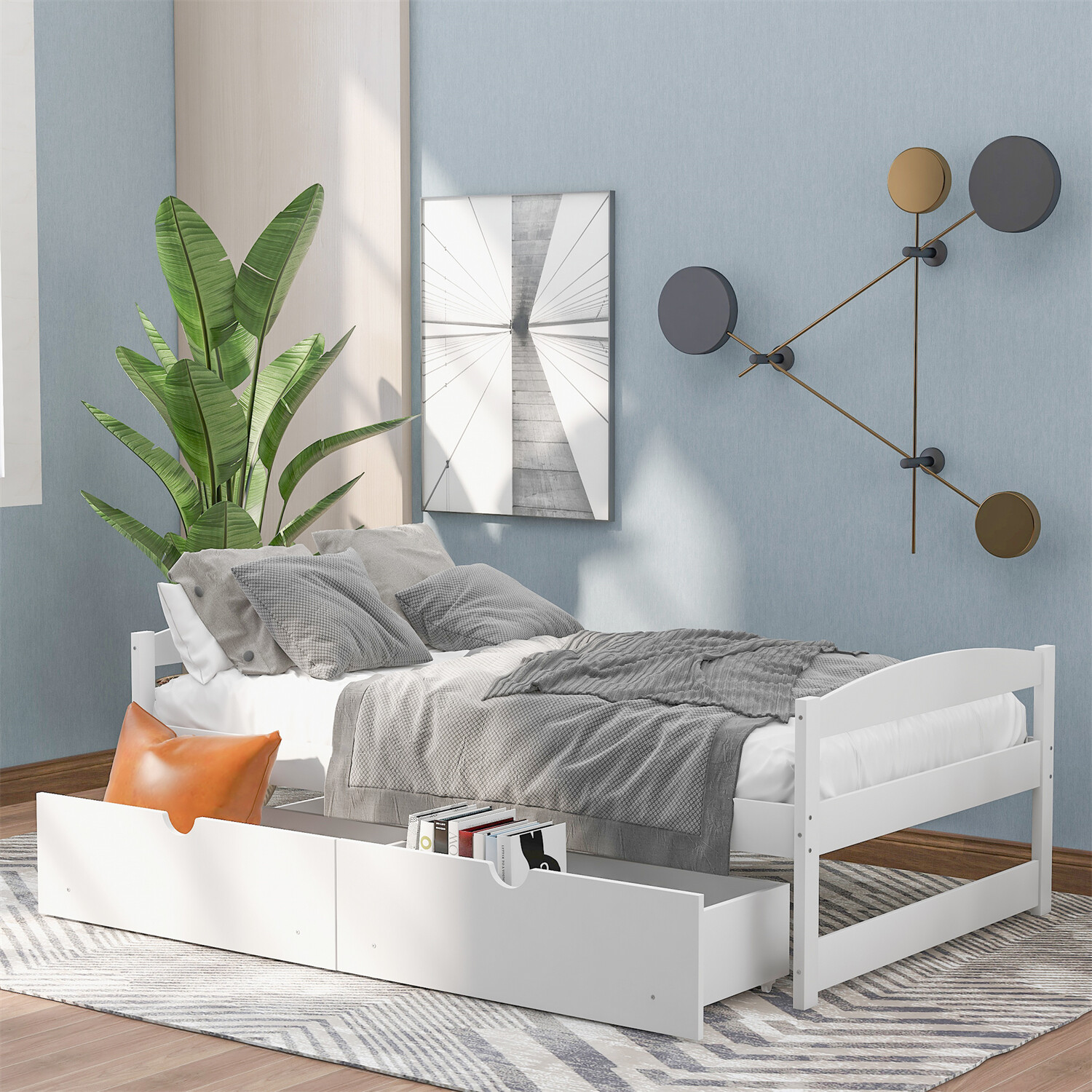 Twin Size Bed Frame Wood Platform Bed w/ 2 Drawers White/Gray/Espresso US