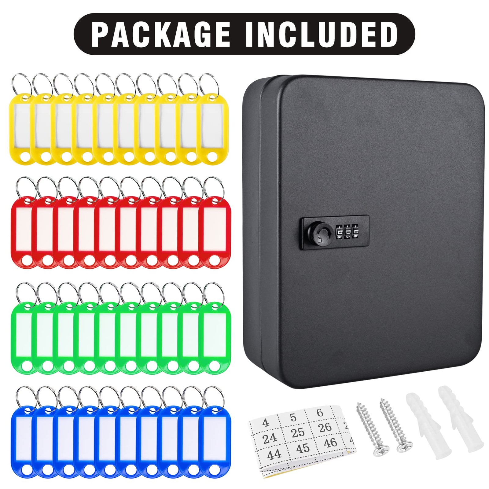 Kikerike Key Box Wall Mount, 48 Hooks & 48 (Combination Lock ), Black