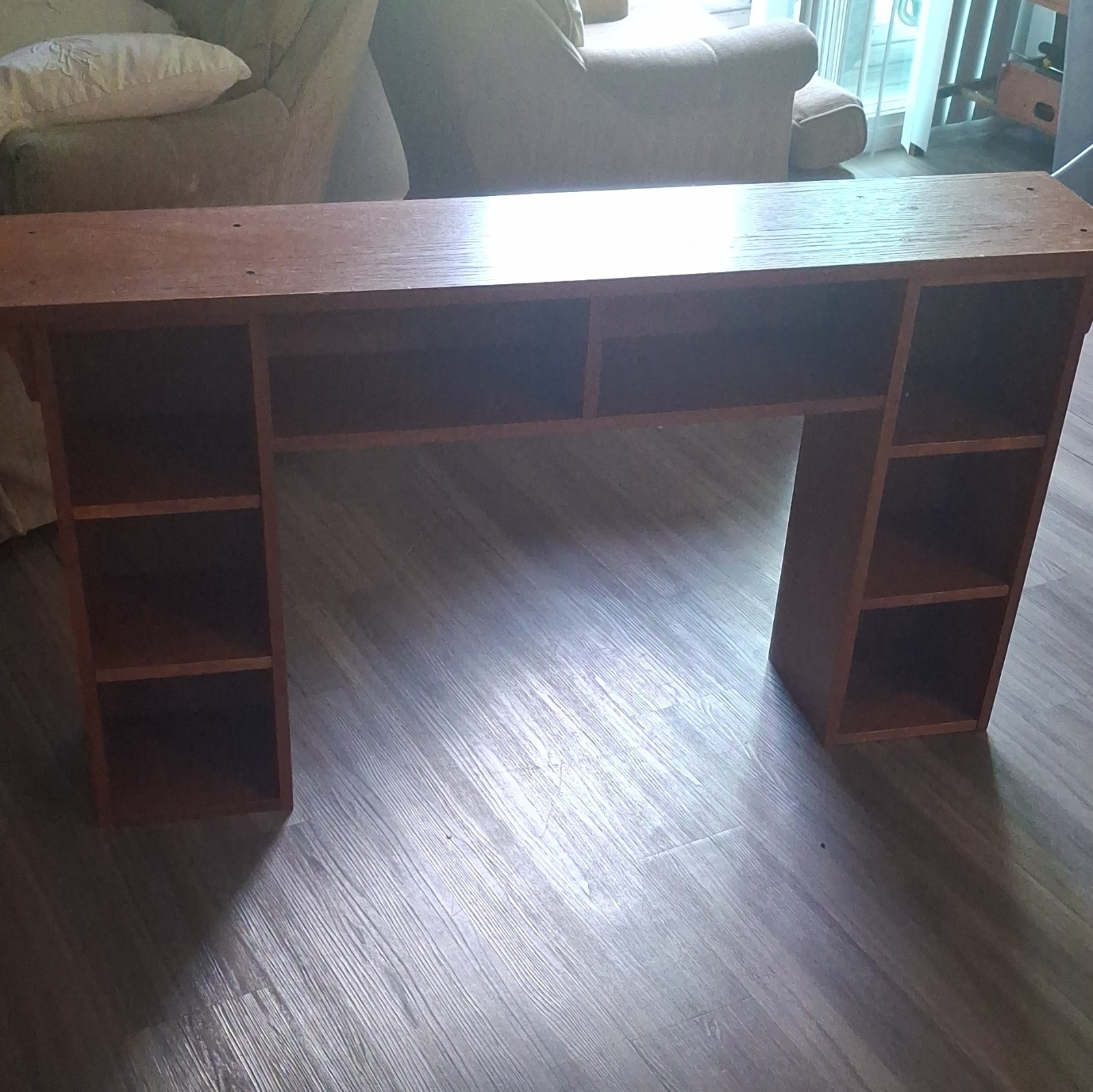 Brown Wood Computer Desk, Freestanding w/ 8 Shelves Storage, Home Office