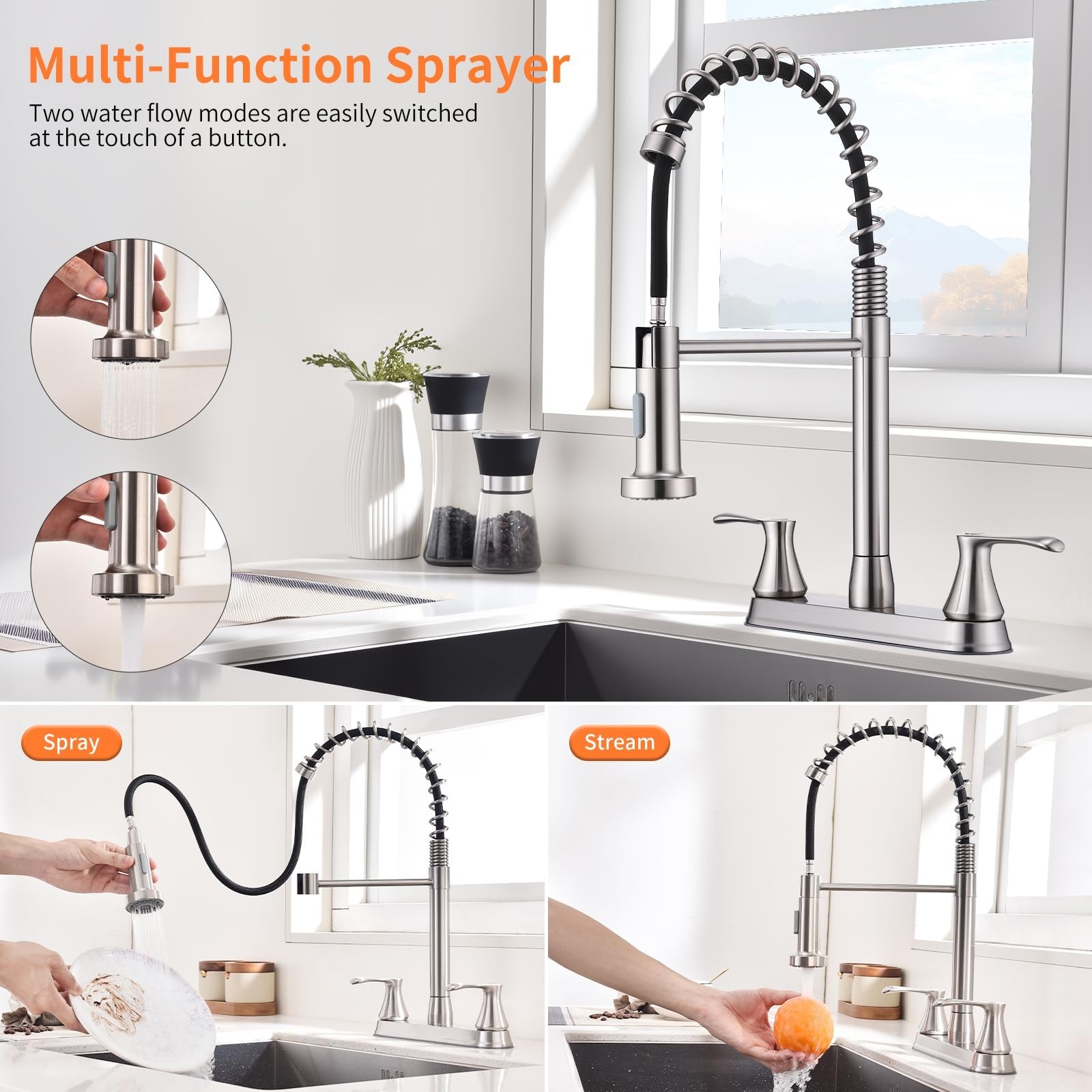 2 Handle Kitchen Faucet with Pull Down Sprayer, 360° Rotating Spout, Stainless S
