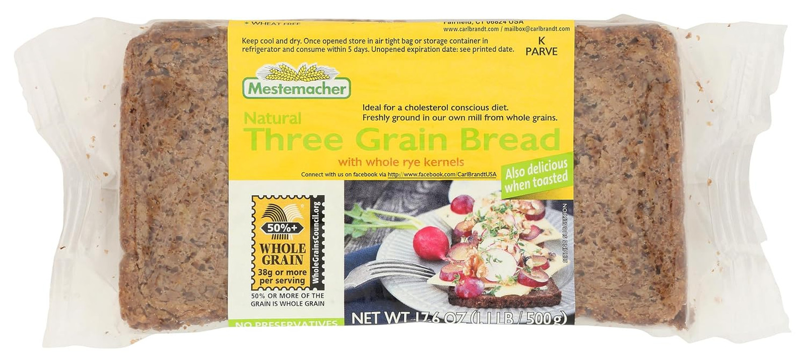 Natural Three Grain Bread, Authentic German Whole Grain Bread with Rye, Oats & B
