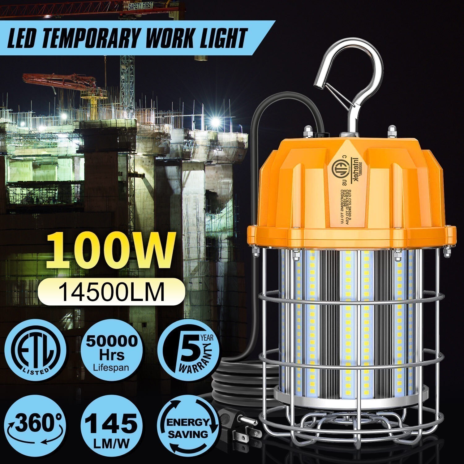 LED Temporary Work Lights 100W 5000K Construction Jobsite Lighting ETL Listed
