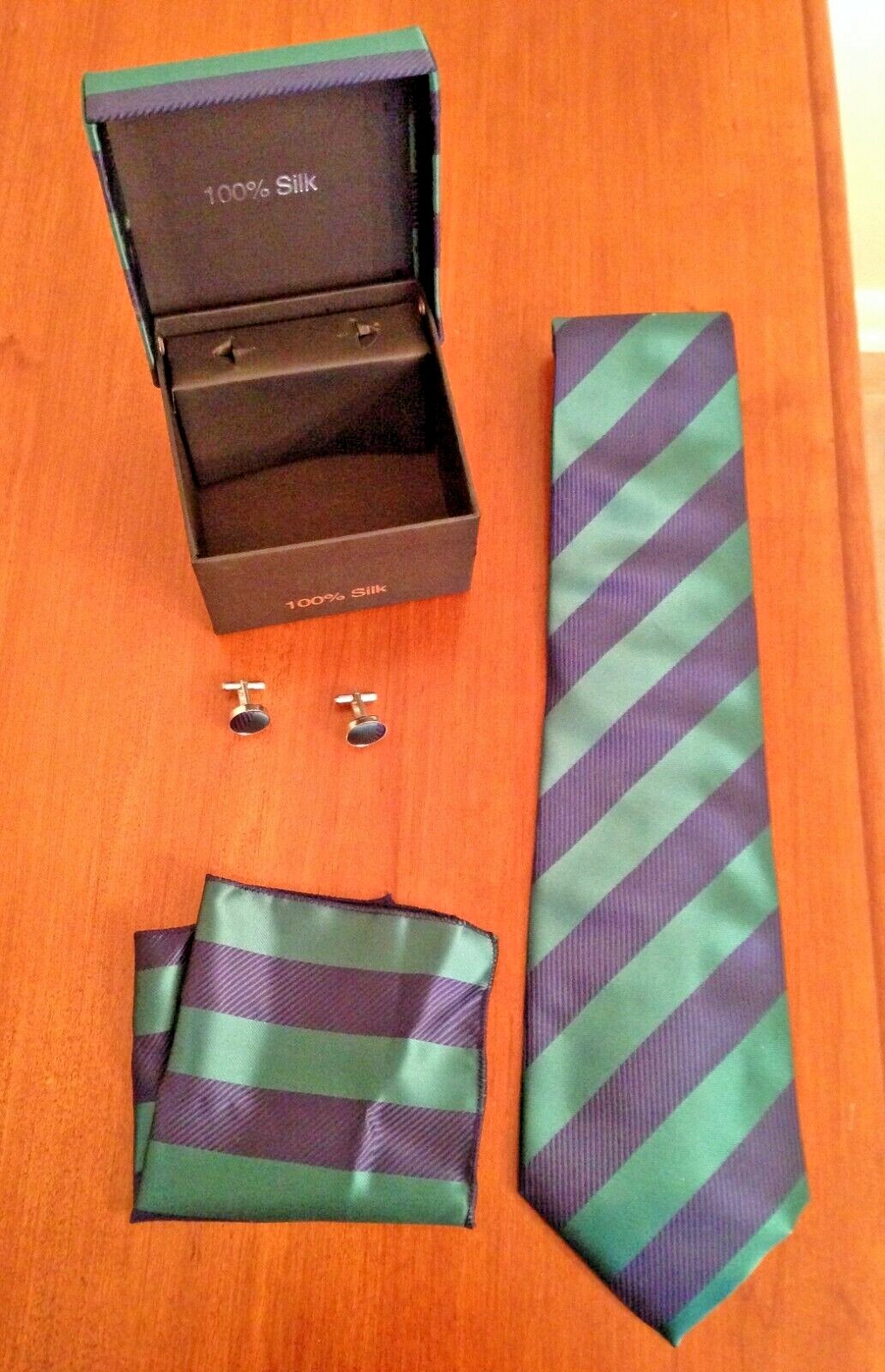 NEW, Men’s 100% Silk Tie, Handkerchief, And Cufflinks Gift Set Includes Gift Box