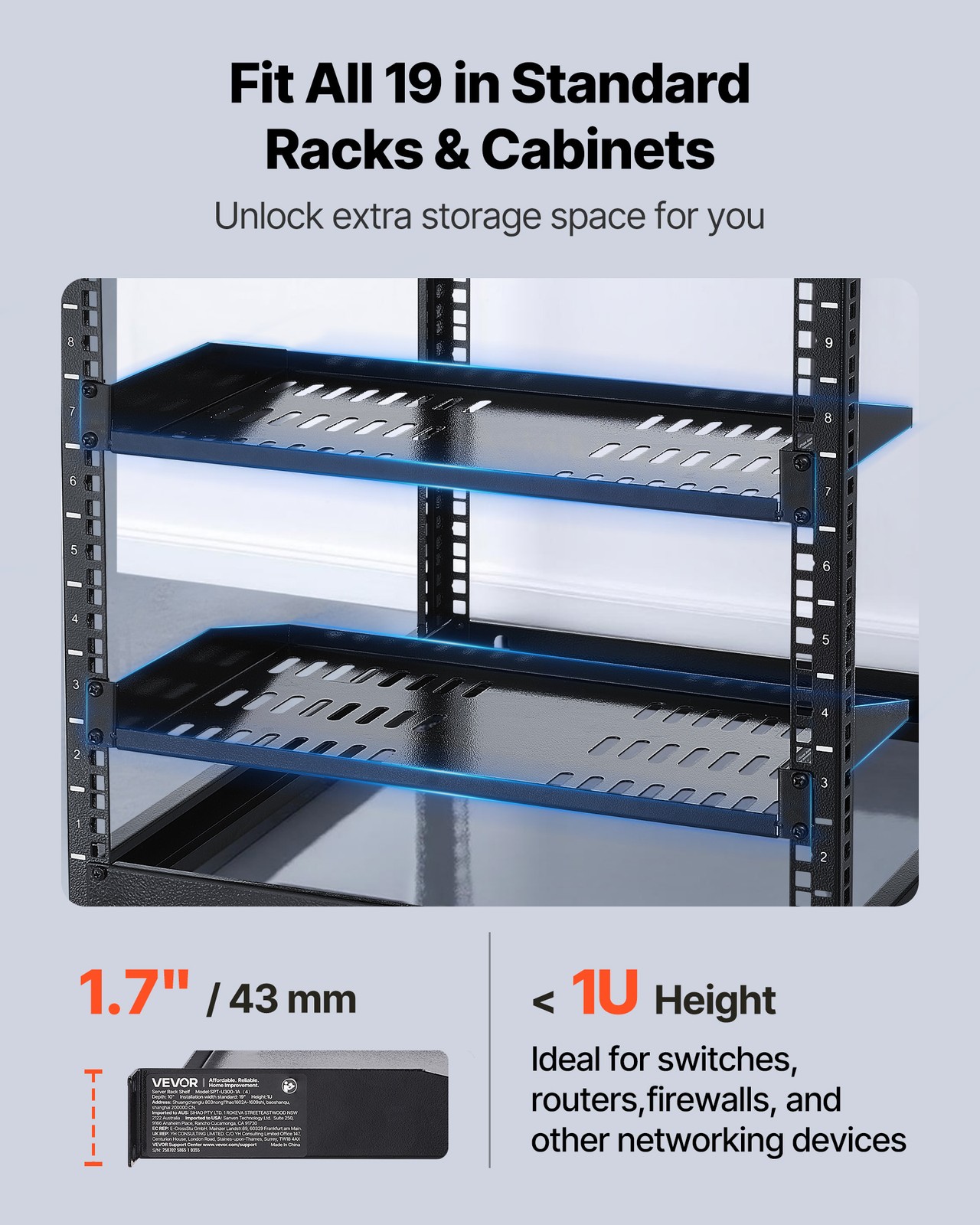VEVOR 1U Server Rack Shelf 4 PCS 10 in Depth Vented Wall Rack Mount Shelf Tray