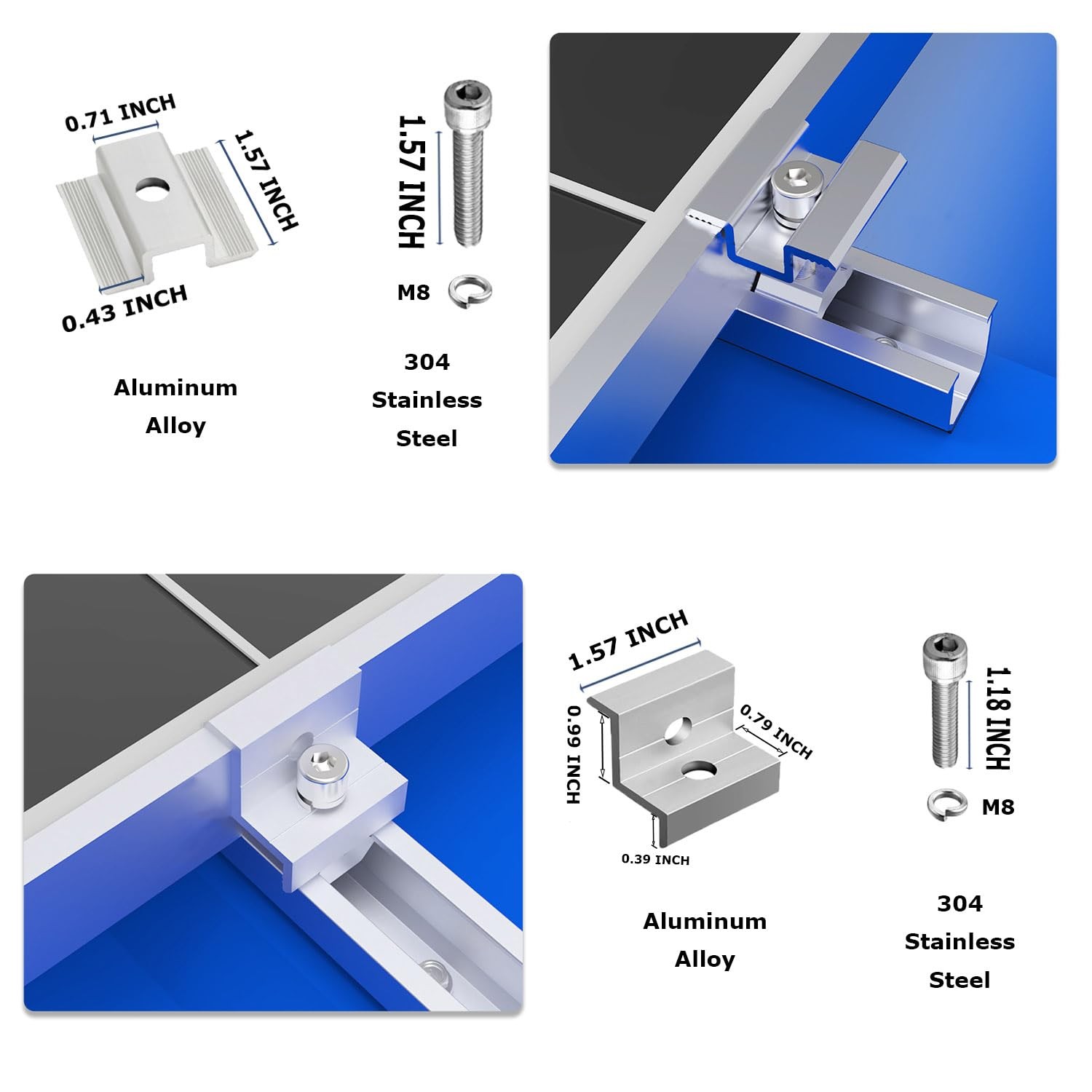 Solar Panel Mounting Brackets, Roof Mount Kit, Rails and 4pc-panel, Silver