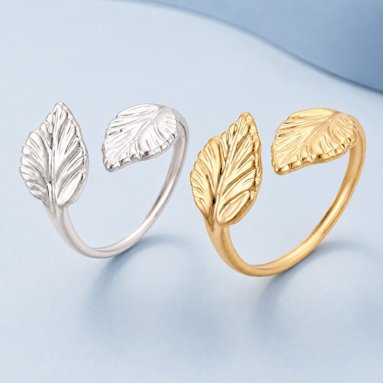Open Ring Stainless Steel 18K Gold Plated Leaf Silver Women Fashion R215