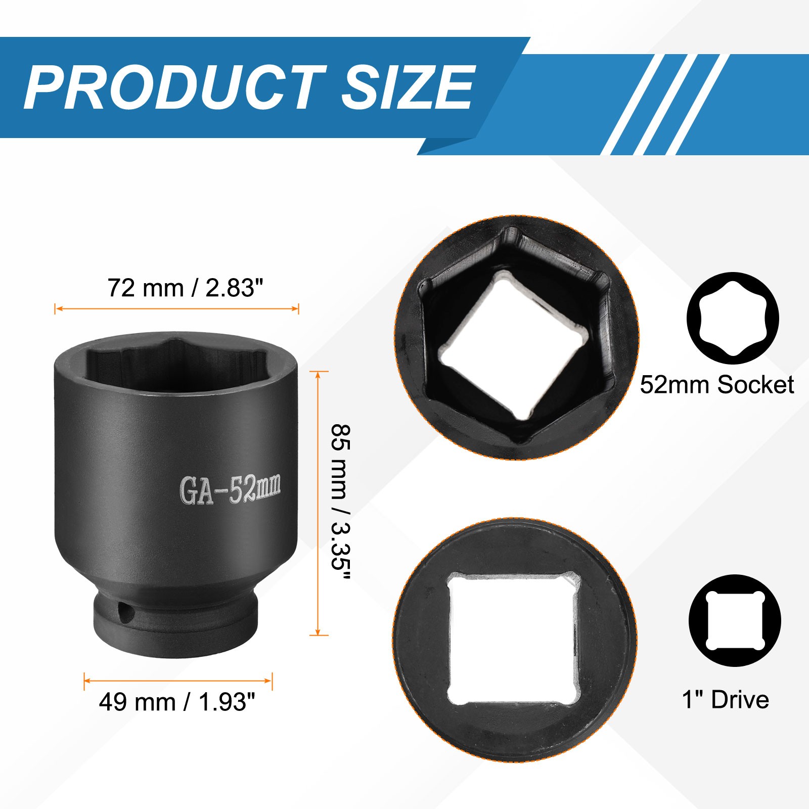 1 Inch Drive 52mm 6 Point Impact Socket Chromium Vanadium Steel