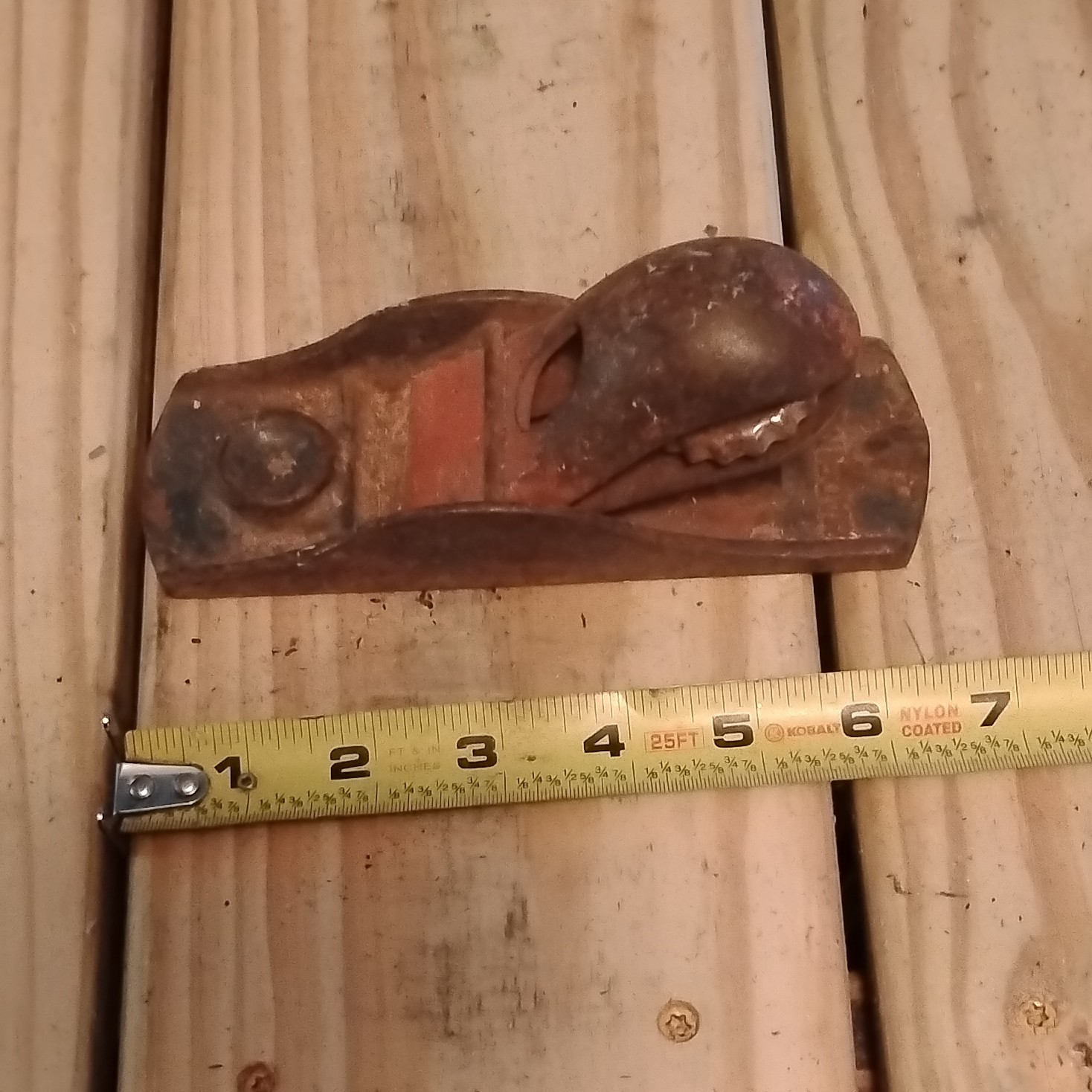 Vintage Metal Block Plane 6in, Steel Blade 1-1/2in, Brown/Red Hand Tool