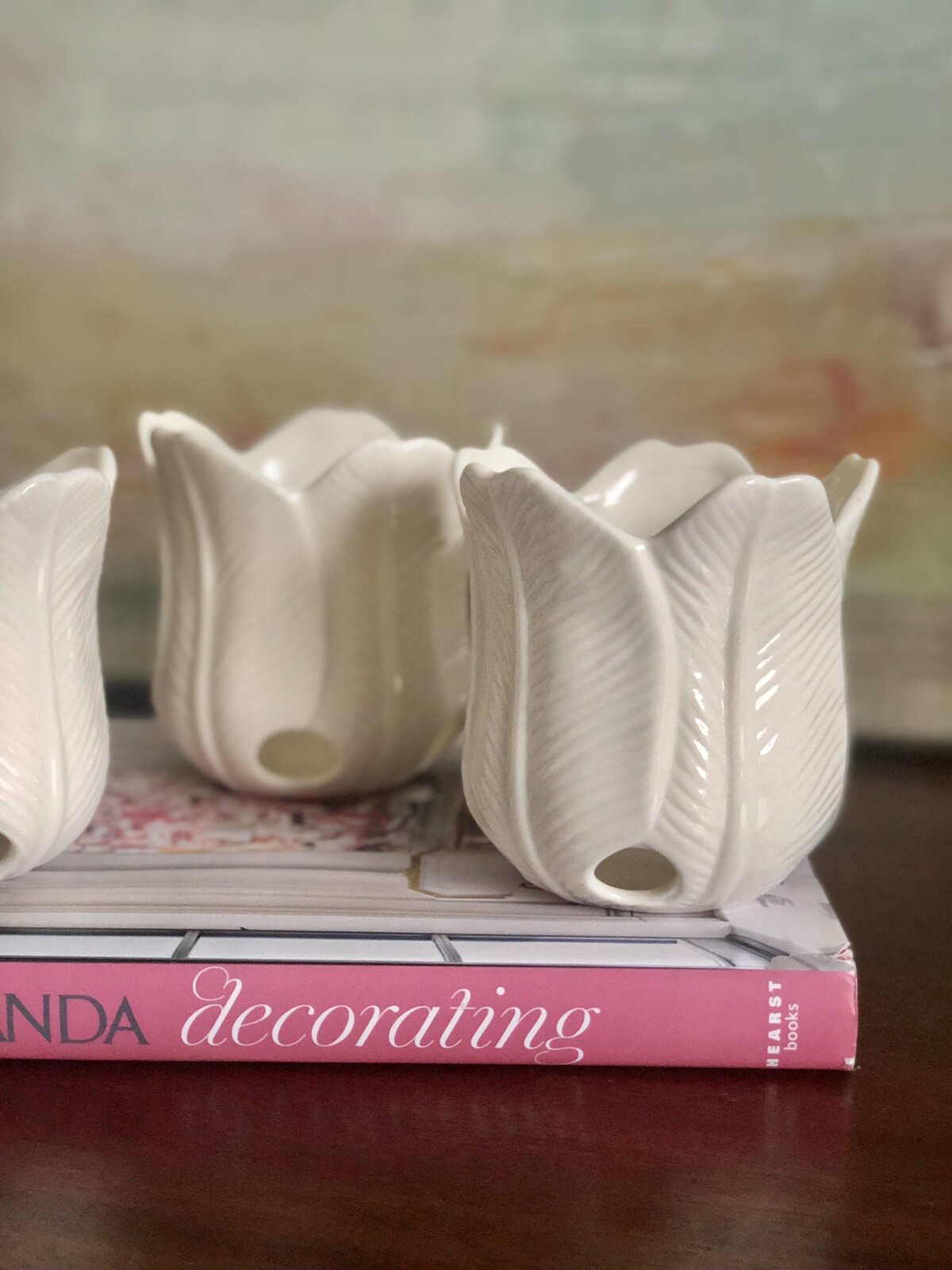 Votive Candleholders Vintage Ceramic White Leaf Flower Set of 3 4” x 4”