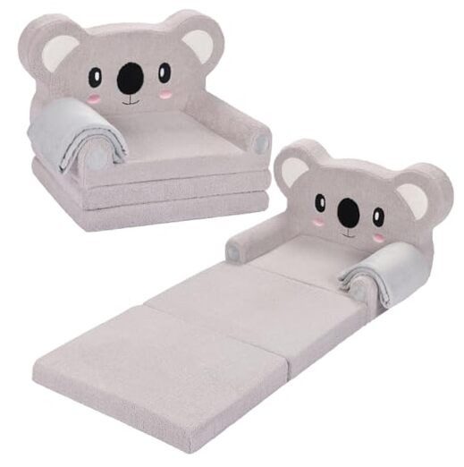 Kids Couch, 2-in-1 Soft Toddler Couch Fold Out with Blanket, Chair Comfy, Koala