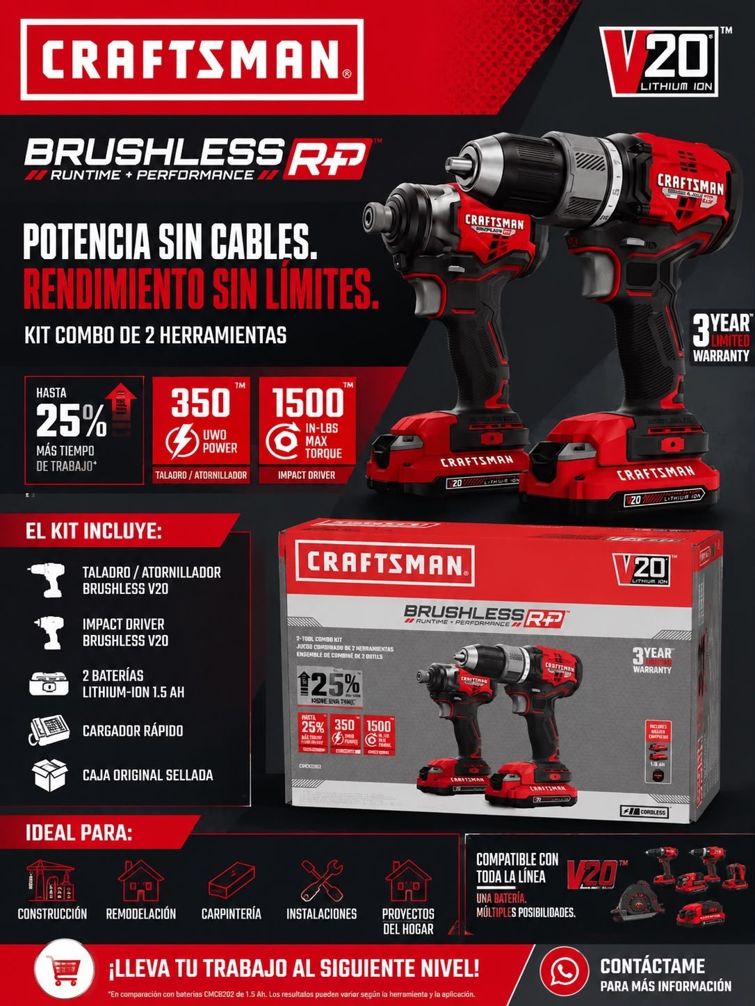 New CRAFTSMAN V20 MAX Cordless Drill & Impact Kit -2battries, Charger & Bag