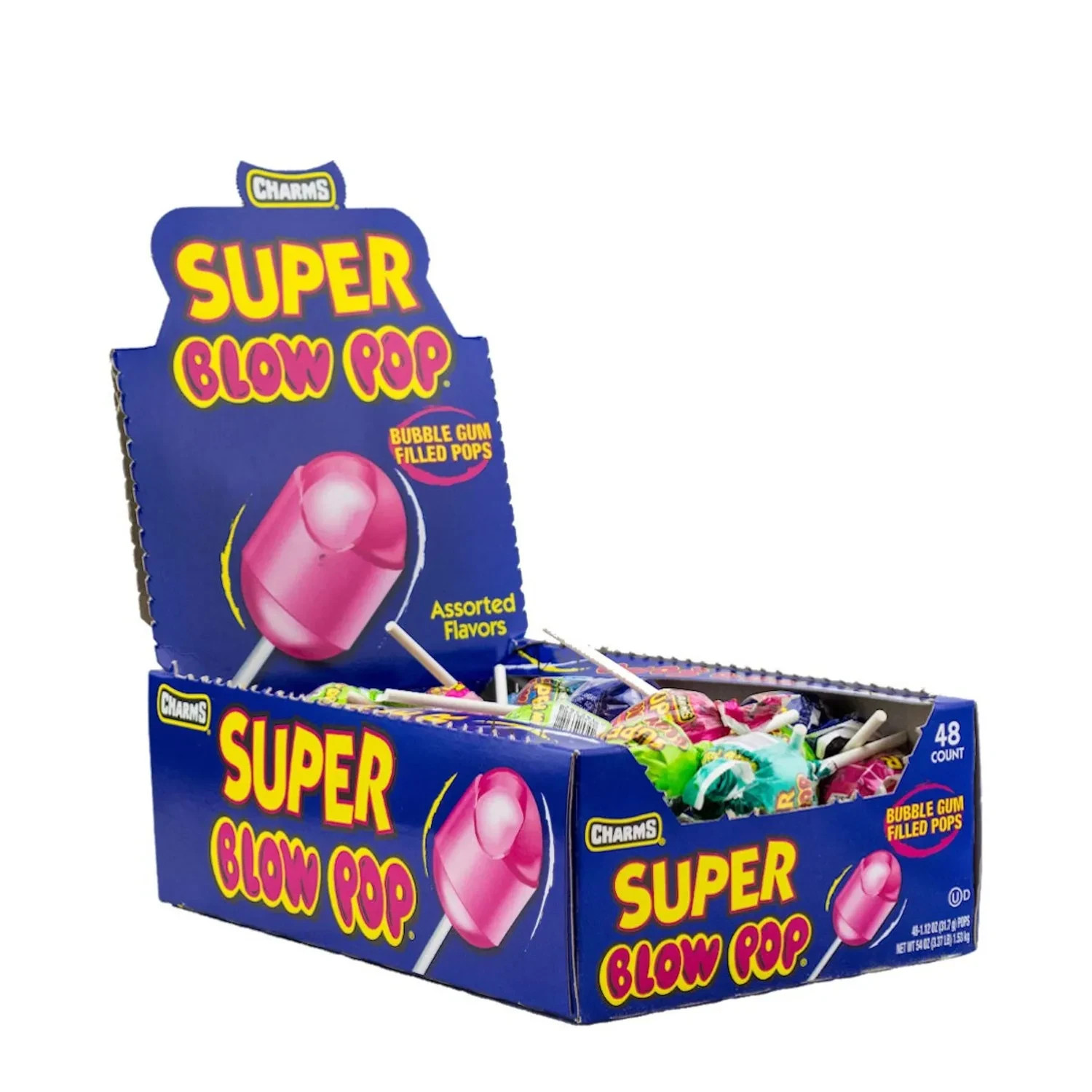 CHARMS Super Blow Pop Lollipops, Dual Candy and Gum Suckers, Assorted,48CT