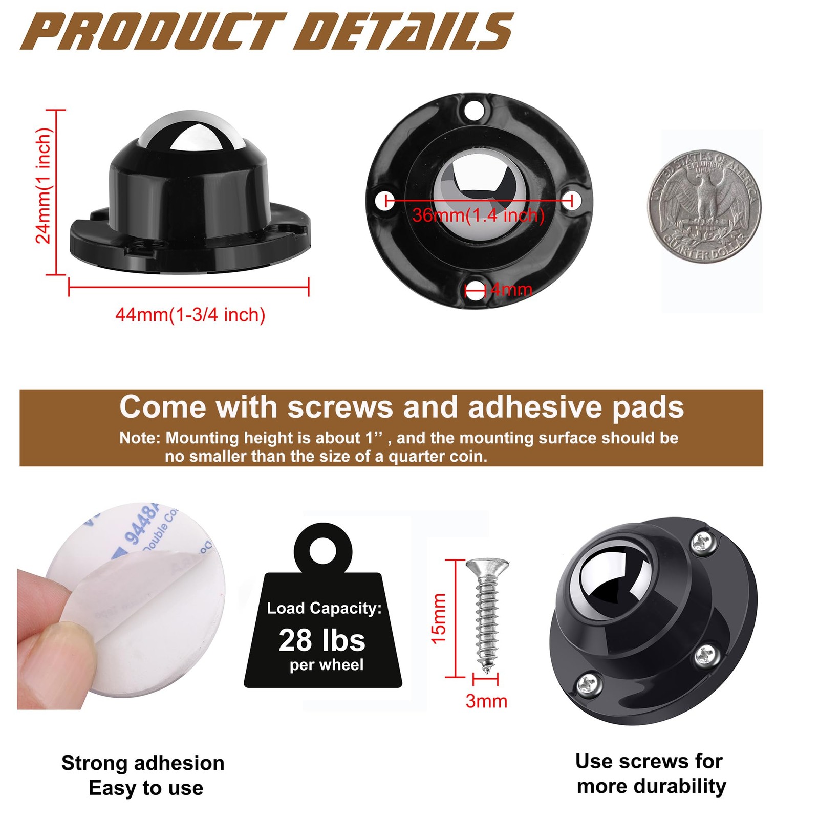 8 Pack Self Adhesive Caster Wheels 1 Inch for Appliance Sliders Rollers, Load...