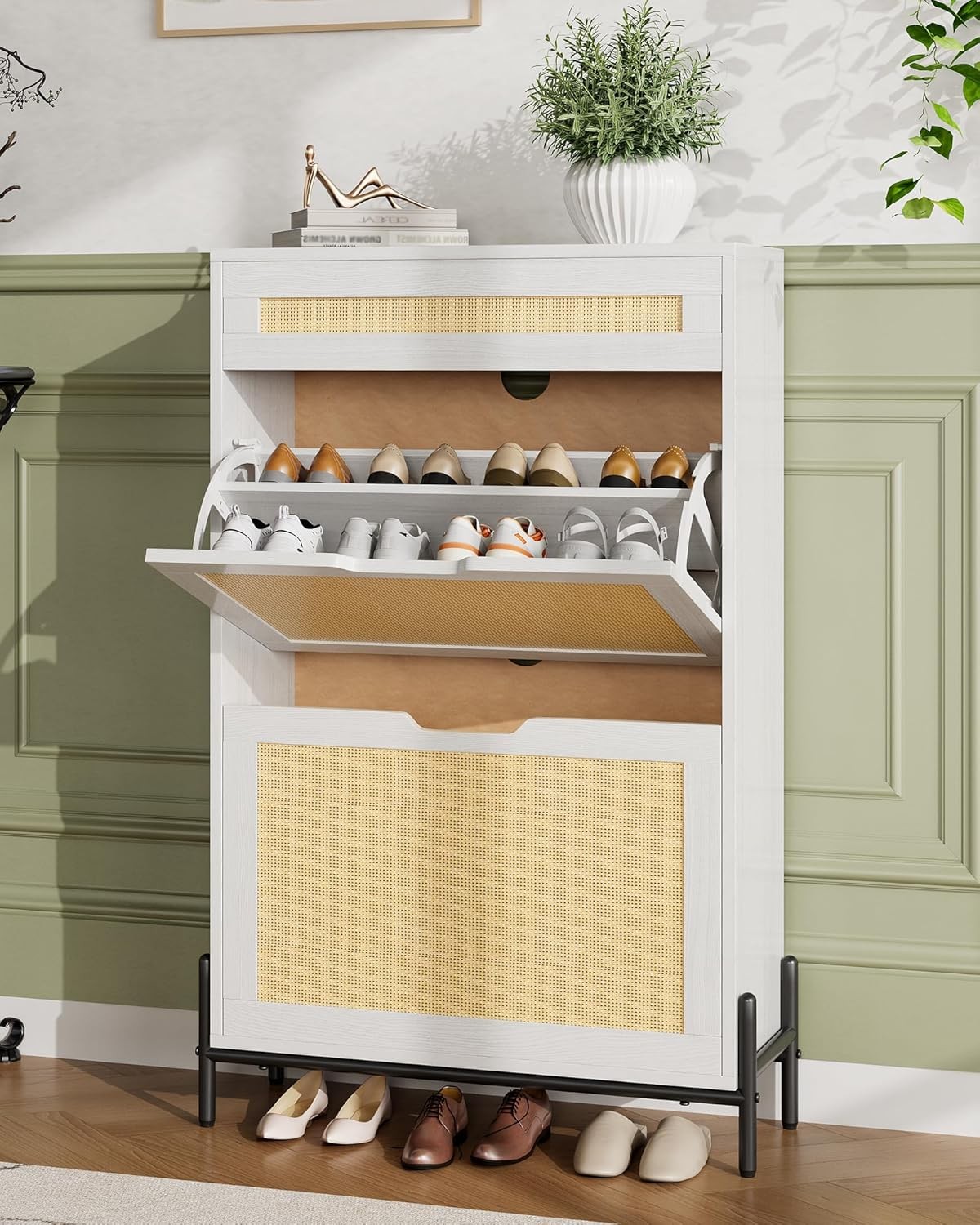 Rattan Shoe Cabinet with 3 Drawer Slim Wood Shoe Rack Organizer Storage Entryway