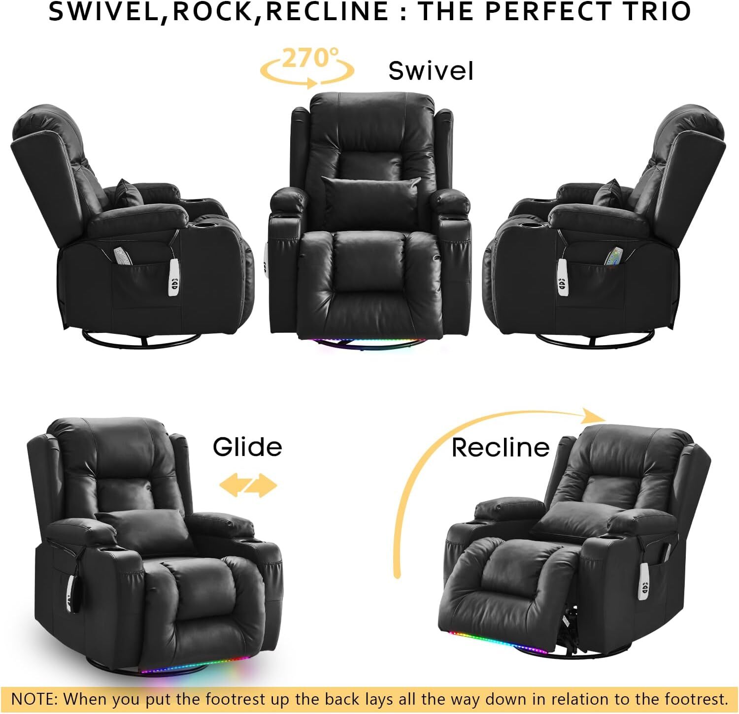 Power Swivel Recliner Chair Rocker Recliner Sofa with LED Light Massage and Heat