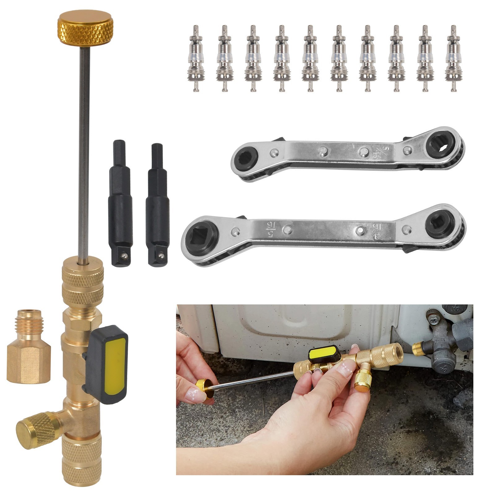 HVAC Wrench Tool AC Schrader Valve Core Remover Set 1/4" & 5/16“ Port Installer