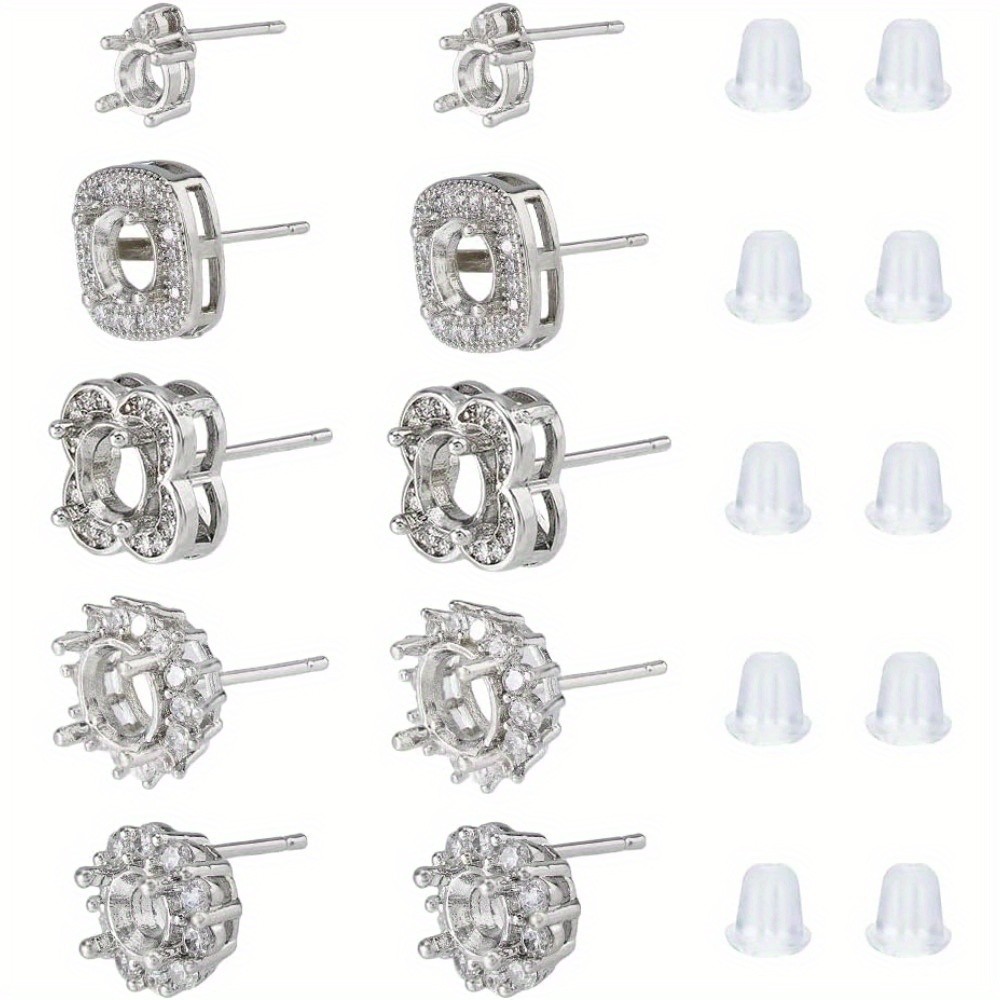 1set 5Pairs 5 styles Brass Stud Earring Findings 6 Claws Blank Earring