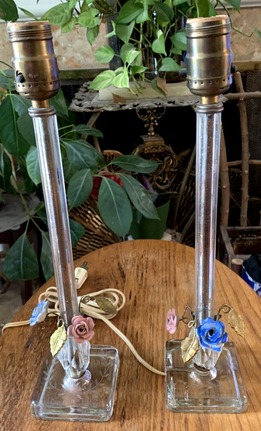 Vintage Working Pair Boudoir Clear Glass Lamps w/Porcelain Flowers/Metal Leaves