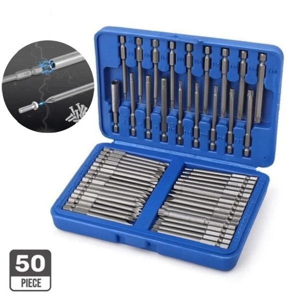 50Set Extra Long Security Bits Hex Torx Star Spline Flat Screwdriver Bit w/Case