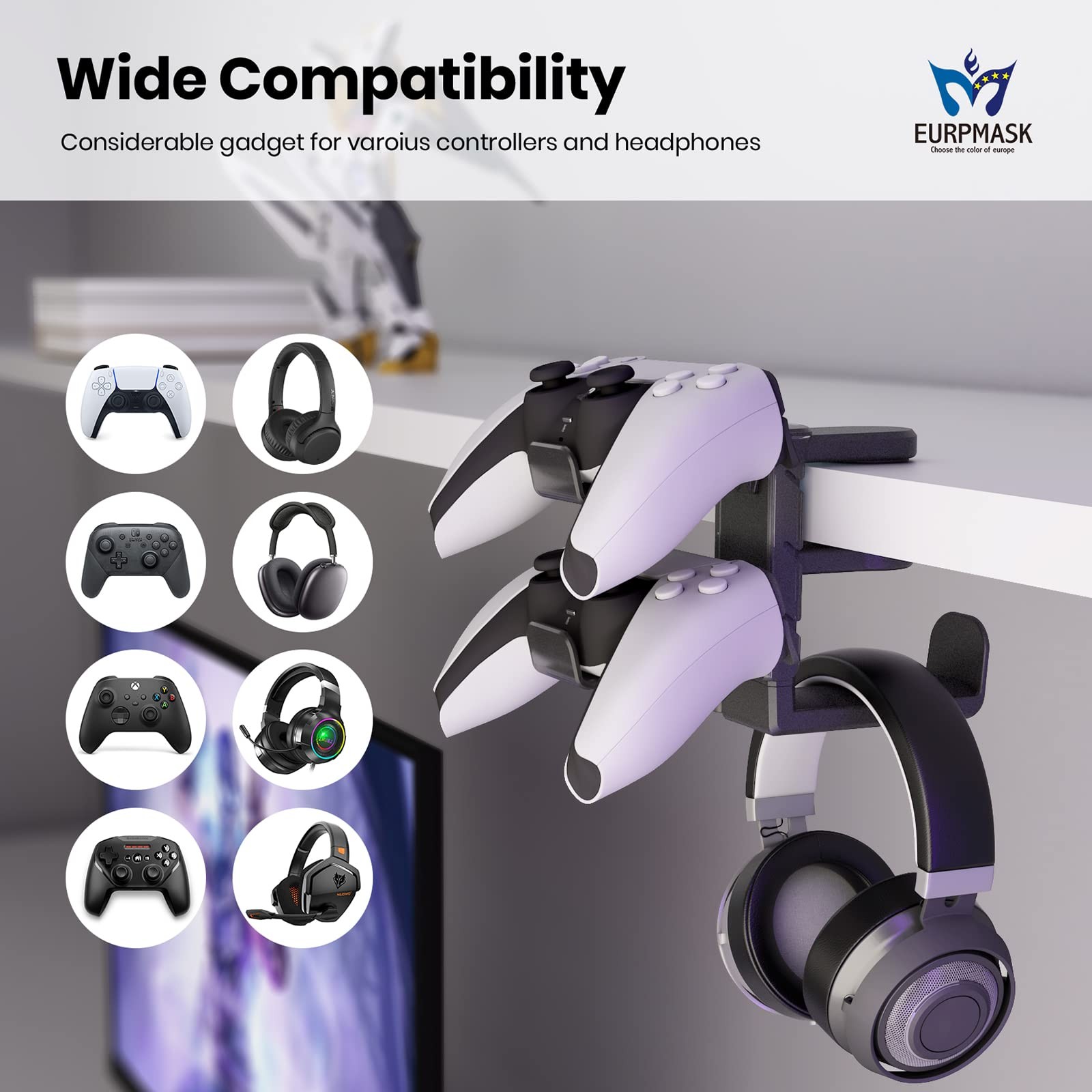 3-in-1 PC Gaming Headset&Controller Holder - EURPMASK Headphone Stand Black