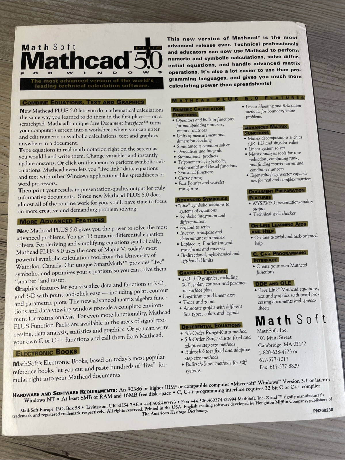 Math Soft Mathcad 5.0 Plus for Windows User Guide w/Quick Reference Book RARE