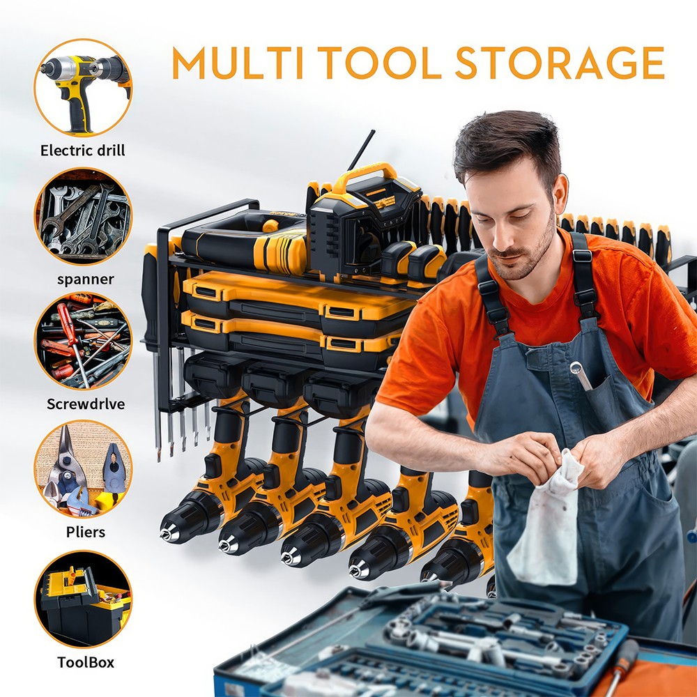 3 Layers Wall-Mounted Power Tool Organizer Storage Rack w/ 7 Drill Holders Shelf