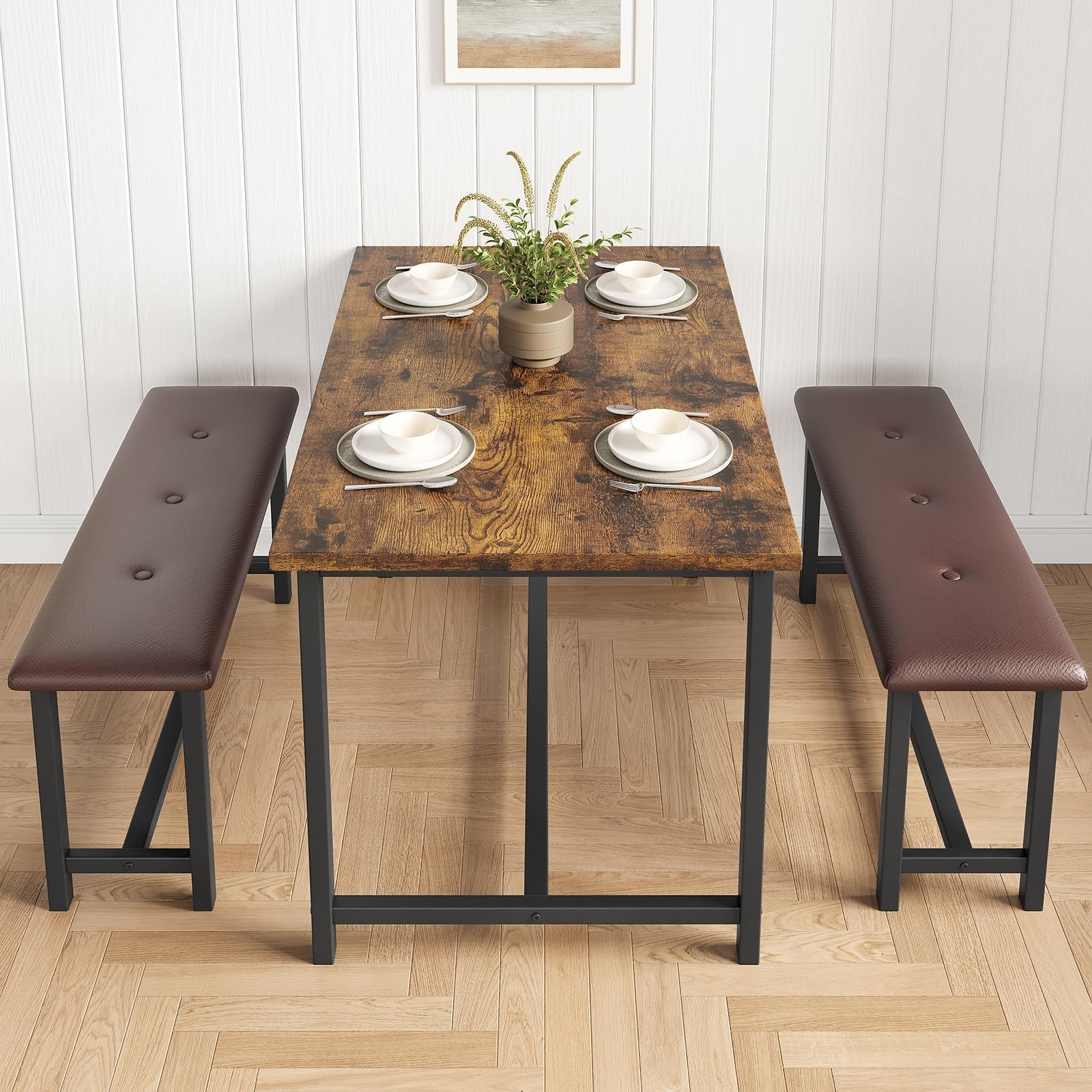 3pcs Dining Table Set for 4 ,Modern Kitchen Table and 2 Upholstered Benches Home