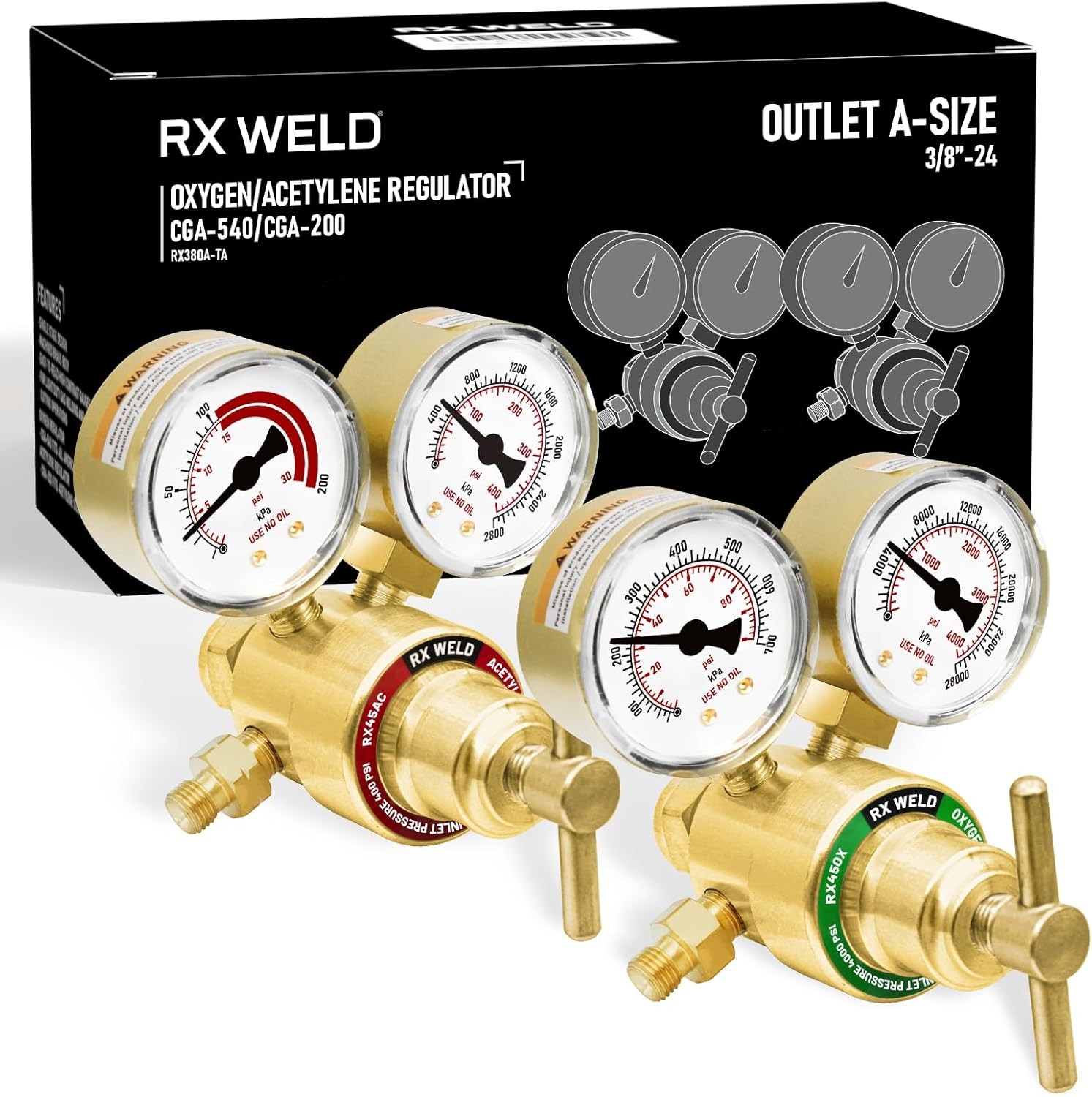 RX WELD Light Duty Oxygen Acetylene Regulator Set, CGA-540 Oxygen/CGA-200...