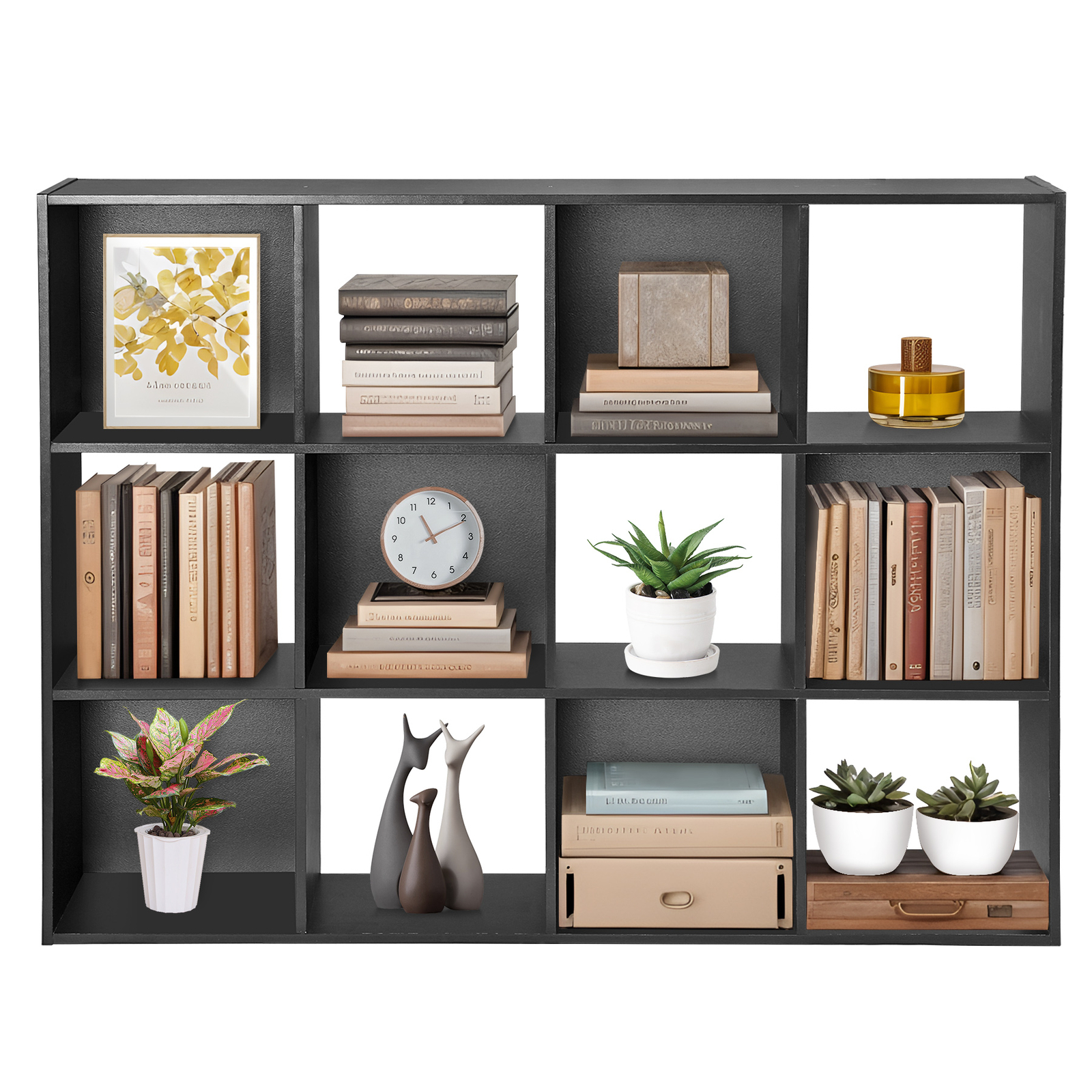 12-Cube Storage Organizer Wooden Storage Bookcase Display Shelf for Living Room