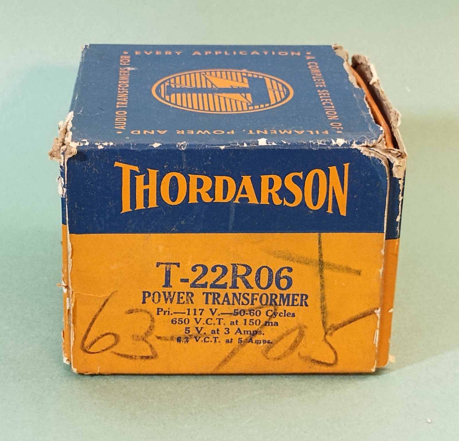 Thordarson 22R06 Power Transformer 650VCT @ 150mA, 5V @ 3A, 6.3VCT @ 5A - NOS