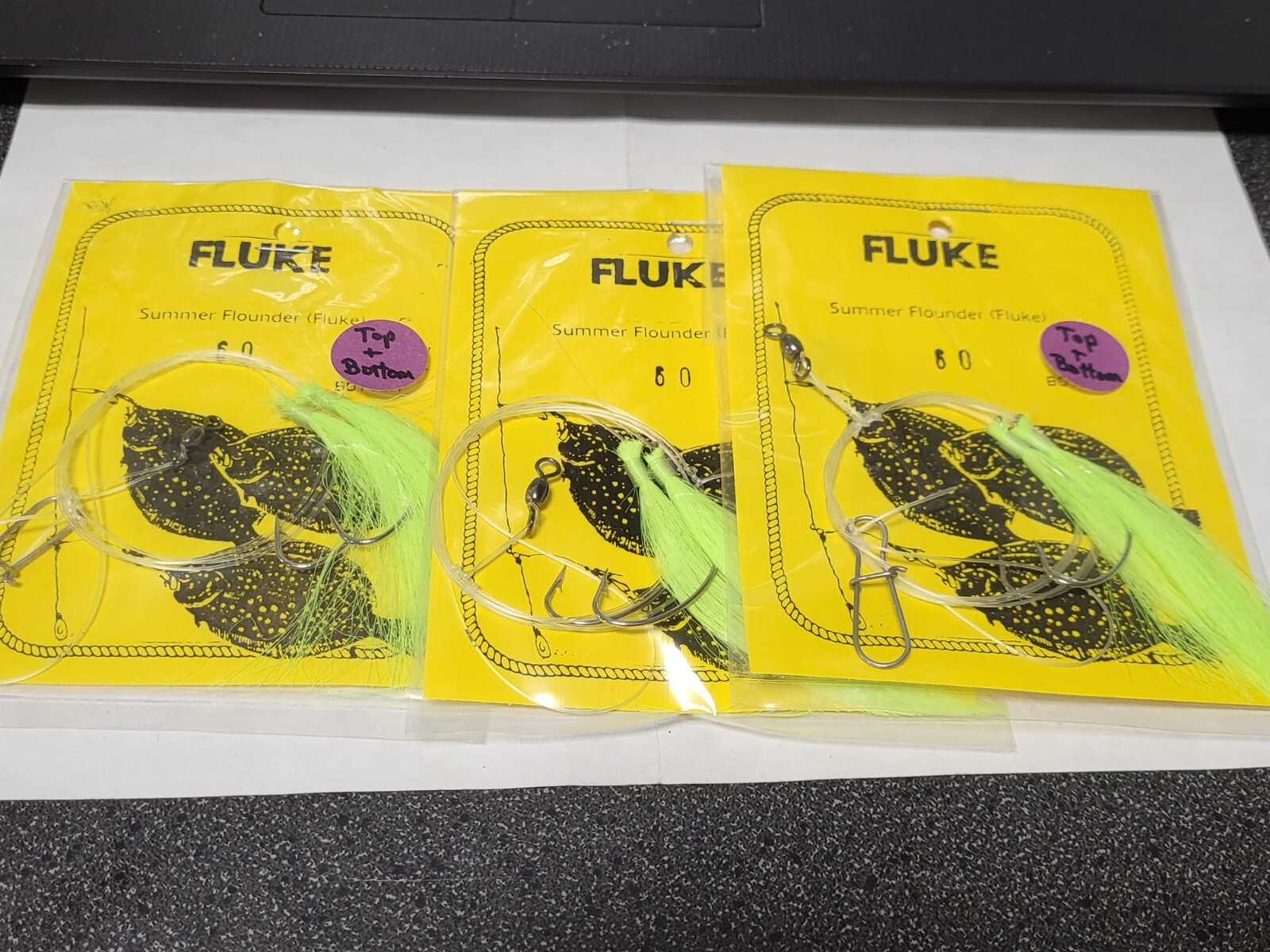 3 NJ Hand Tied Hi-Lo English Hook w/Chartreuse Hair Fluke/Summer Flounder Rig