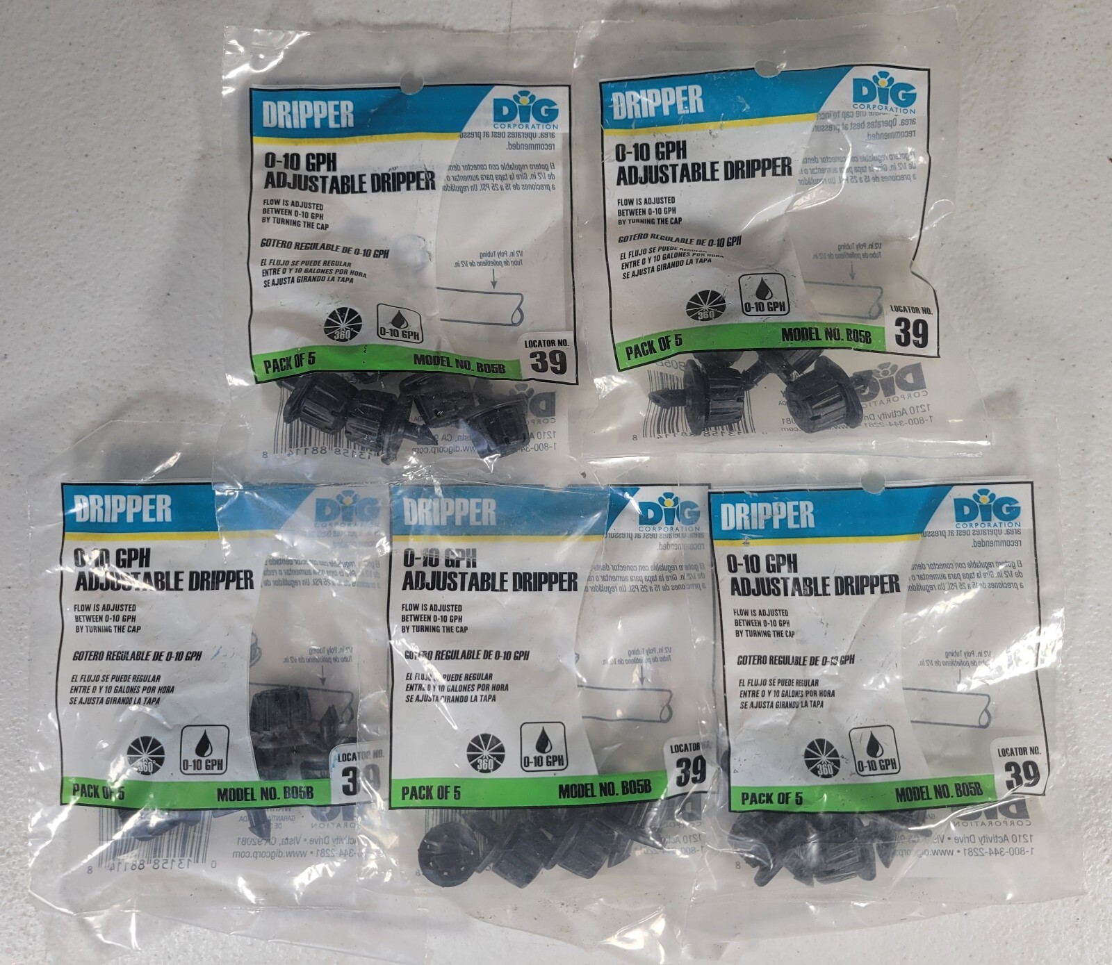 DIG Dripper 0-10 GPH Adjustable Flow Drip Irrigation B05B Poly Tubing 5 packs