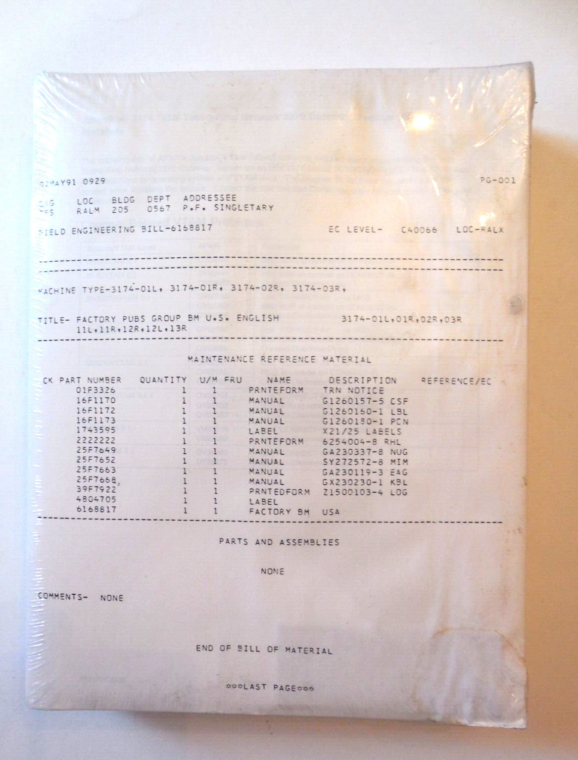 Sealed VTG IBM 3174 Models 1L through 13R Maintenance Information Manuals