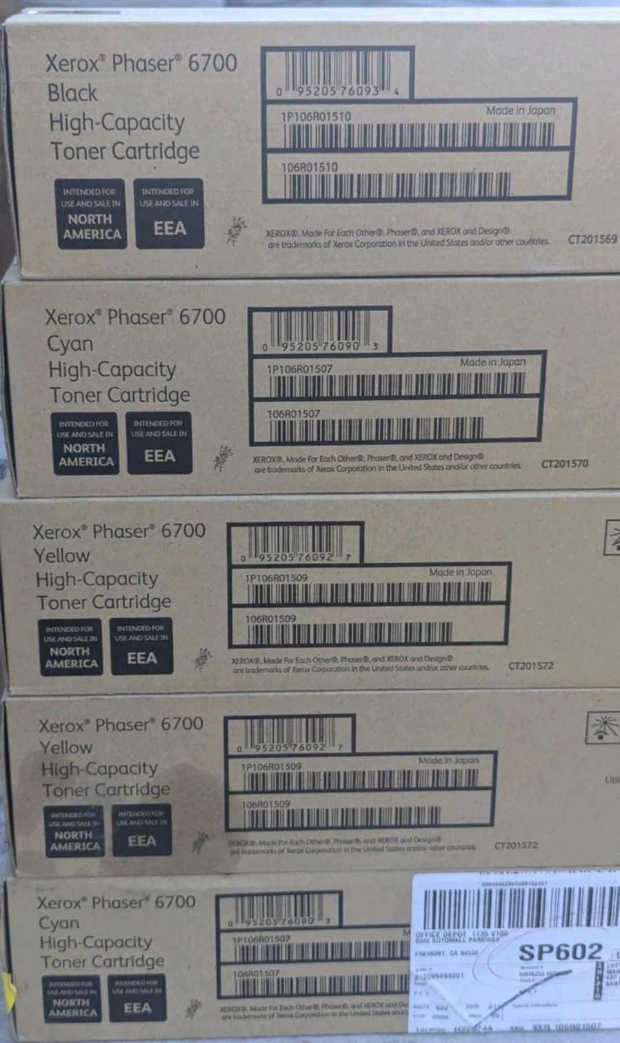 LOT OF 5 NEW Genuine Xerox Phaser 6700 toners: 2-Yellow, 2-Cyan, 1-Black